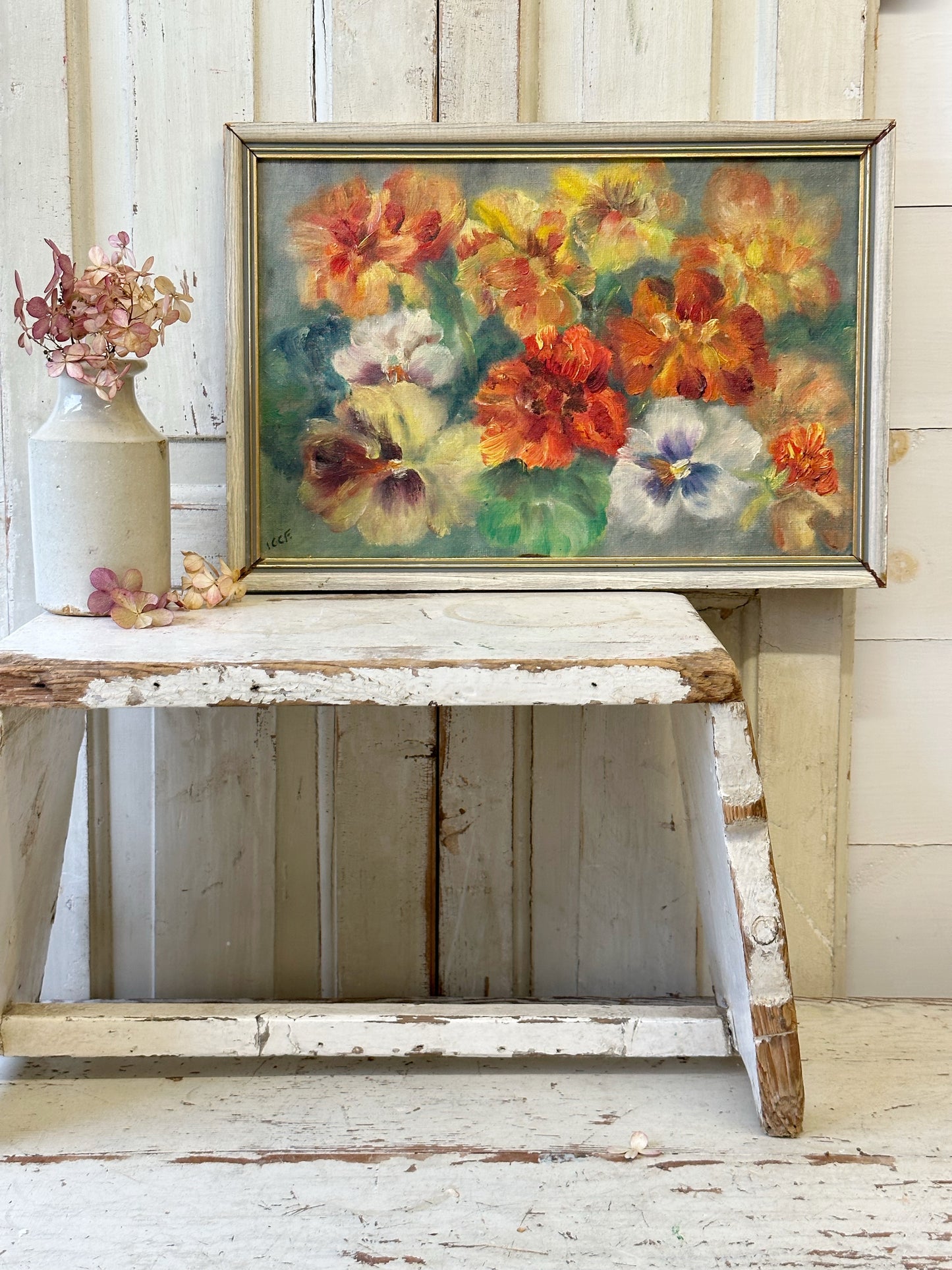 Vintage Still Life Flowers Pansies Oil On Board Signed ICCF