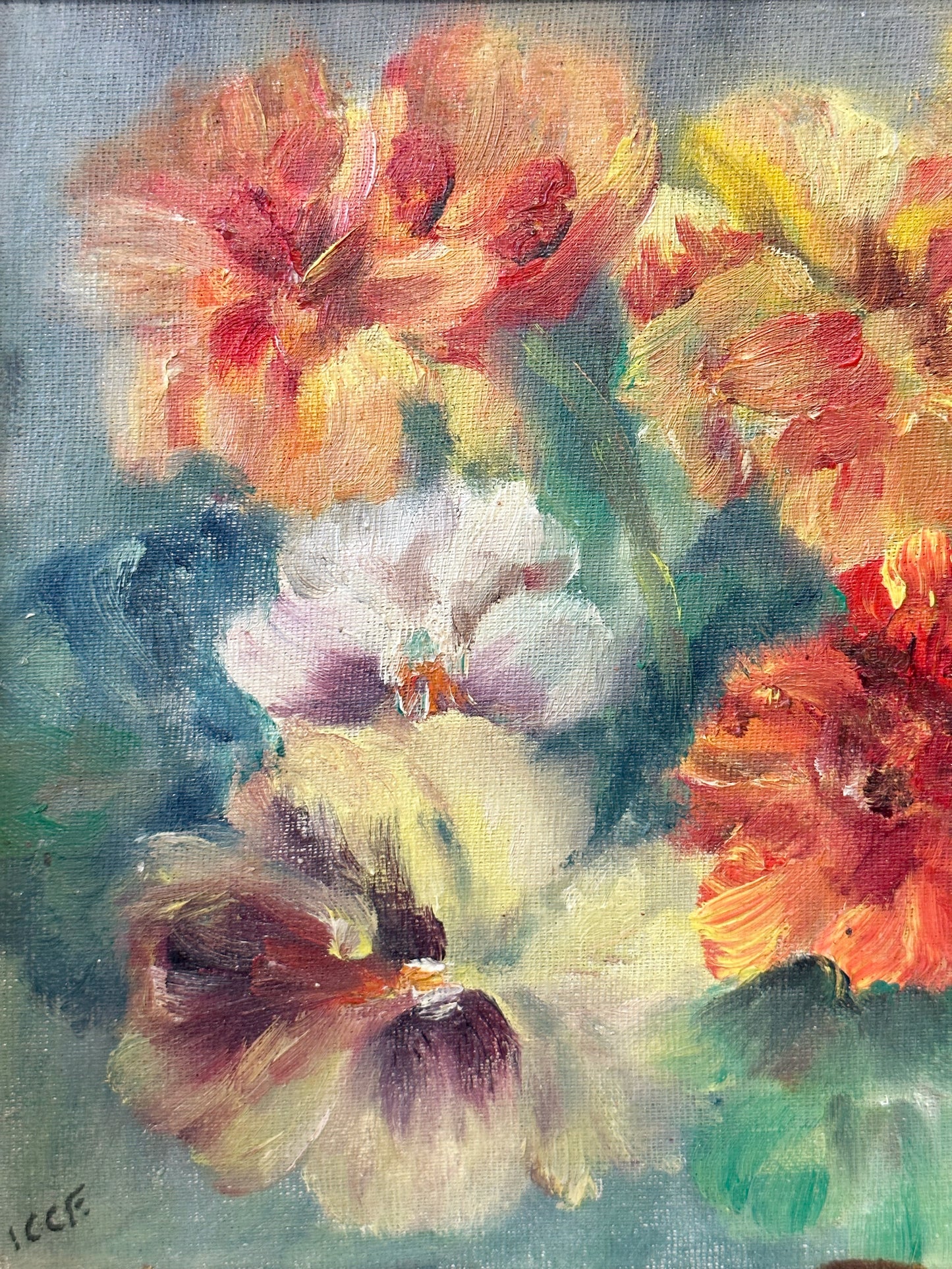 Vintage Still Life Flowers Pansies Oil On Board Signed ICCF