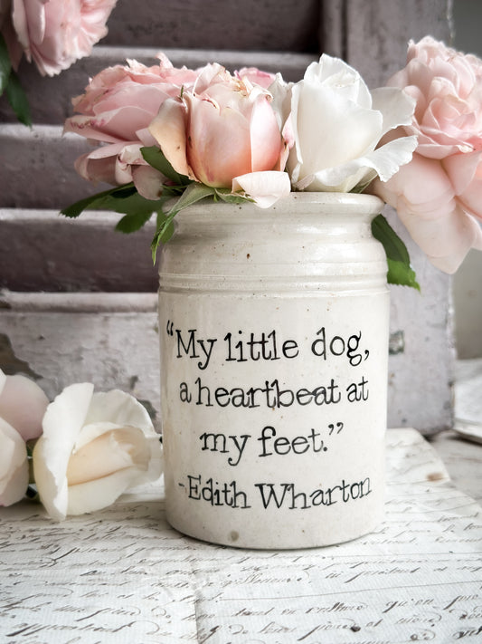 A Victorian unearthed short stoneware pottery Jar with a hand painted quote