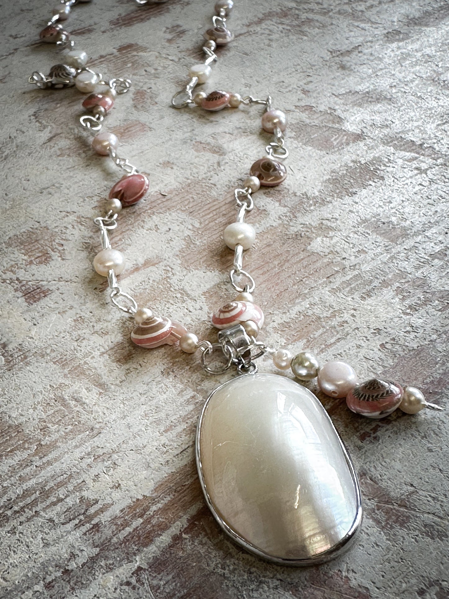 Beautiful Found Object Beaded Shell and Pearl Necklace with a Shell Pendant by Jealous Moon Jewellery
