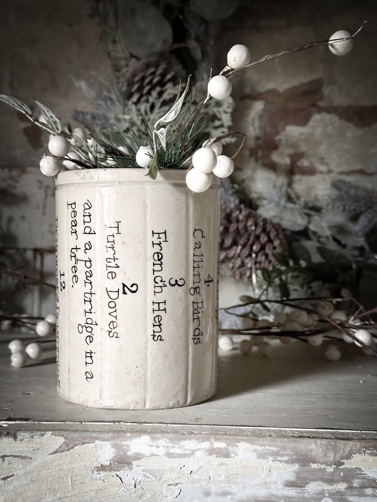A tall Victorian unearthed stoneware pottery preserve jar with a hand painted quote