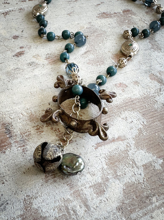 Found Object Vintage Beaded Necklace with Antique Brass Crown by Jealous Moon Jewellery