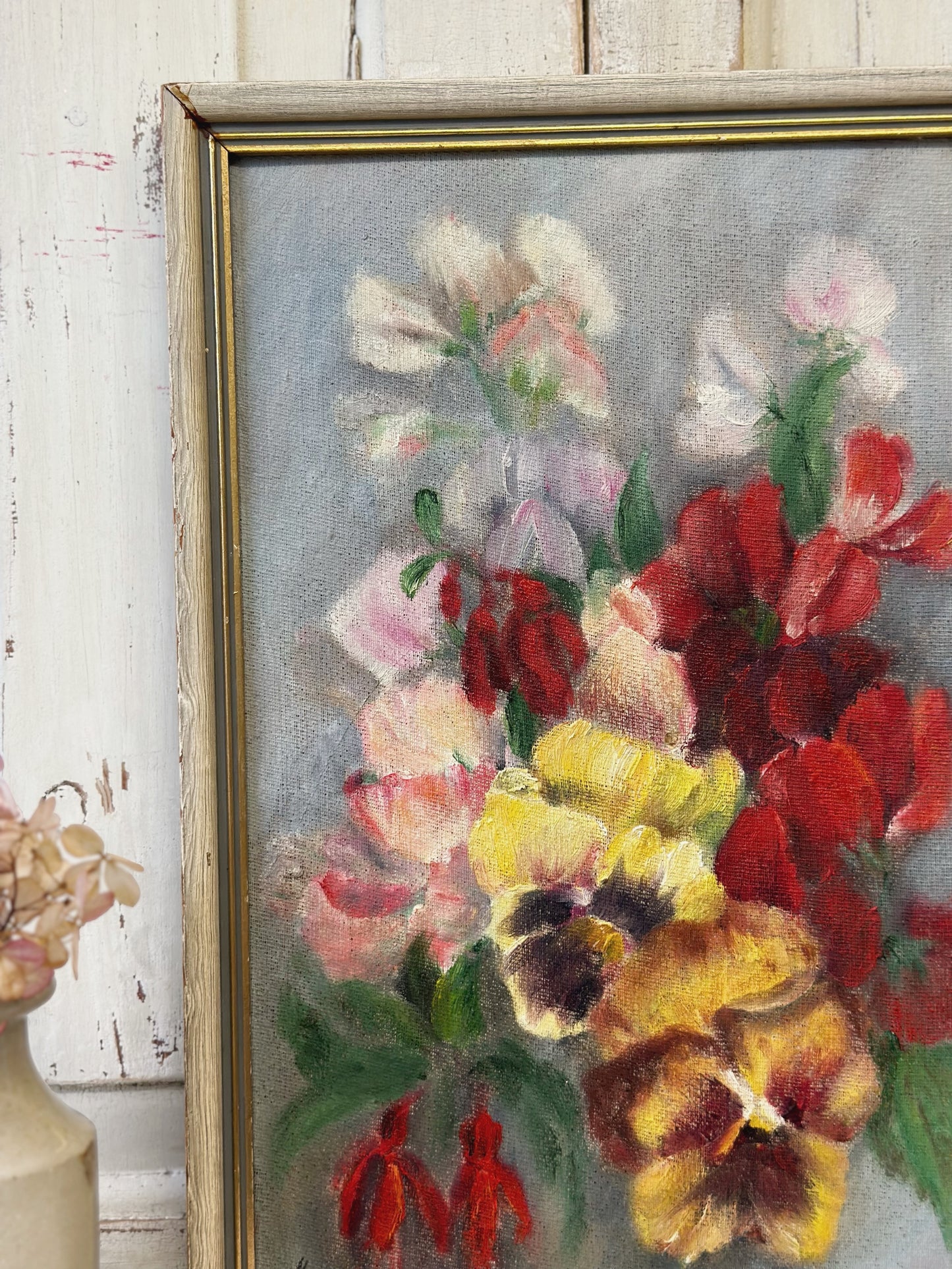 Vintage Still Life Flowers Pansies Oil On Board Signed ICCF