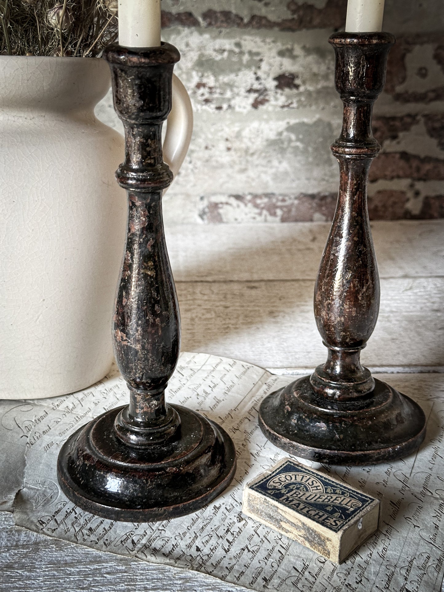 A Pair of Antique Hand Turned Ebonised Candlestick Holders