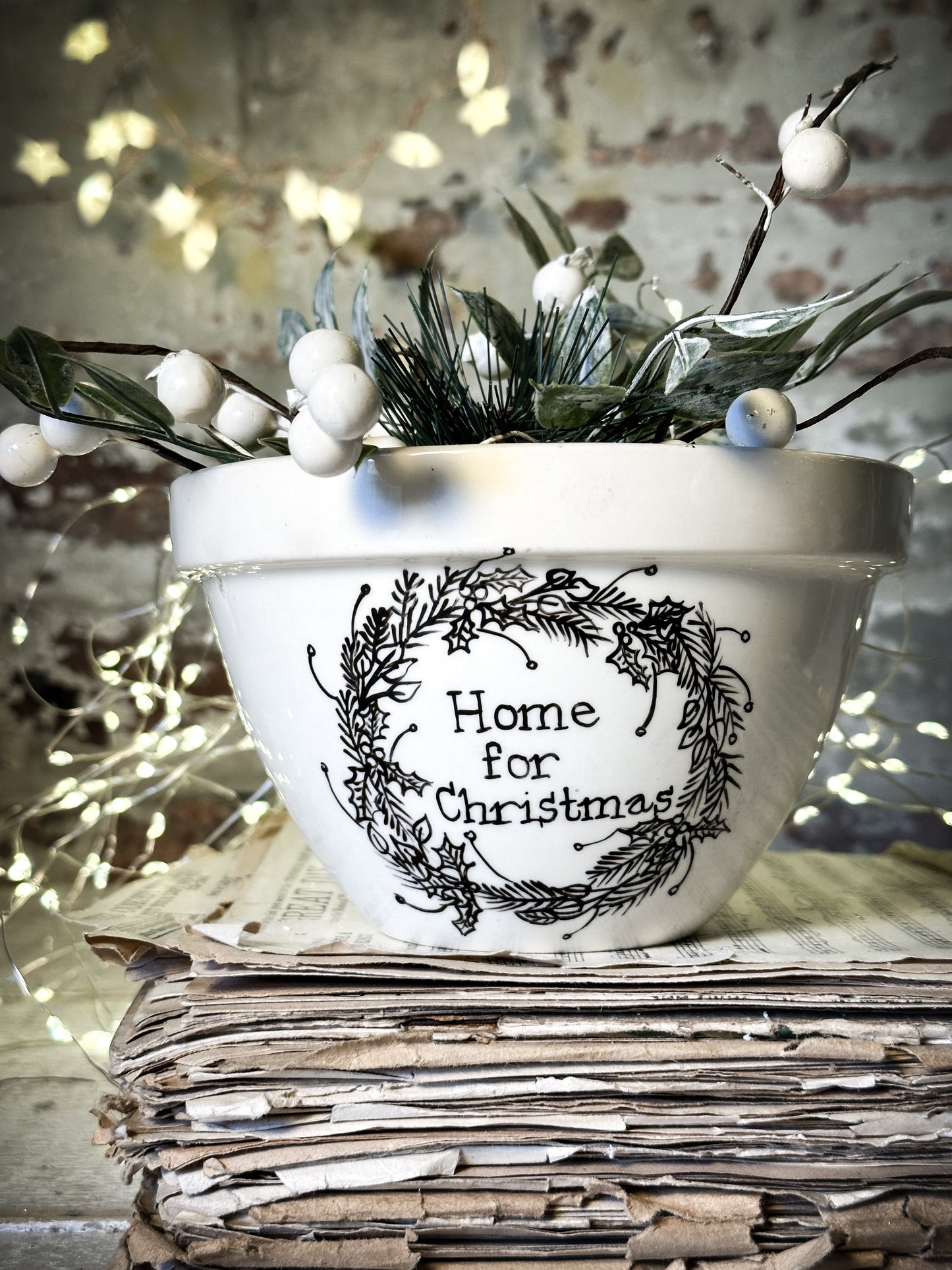 A beautiful vintage Illustrated Ironstone pudding bowl with a hand painted Christmas quote