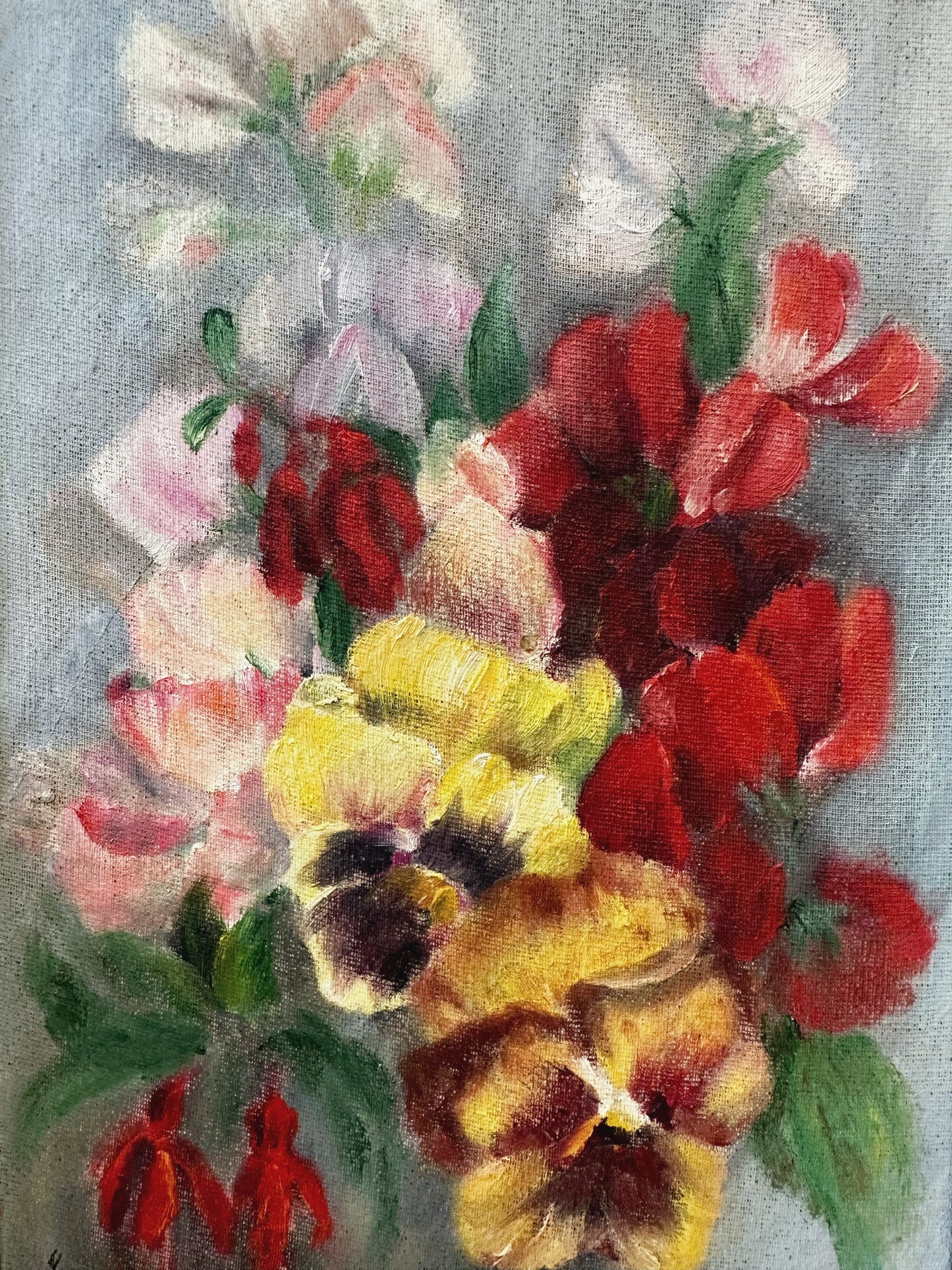 Vintage Still Life Flowers Pansies Oil On Board Signed ICCF