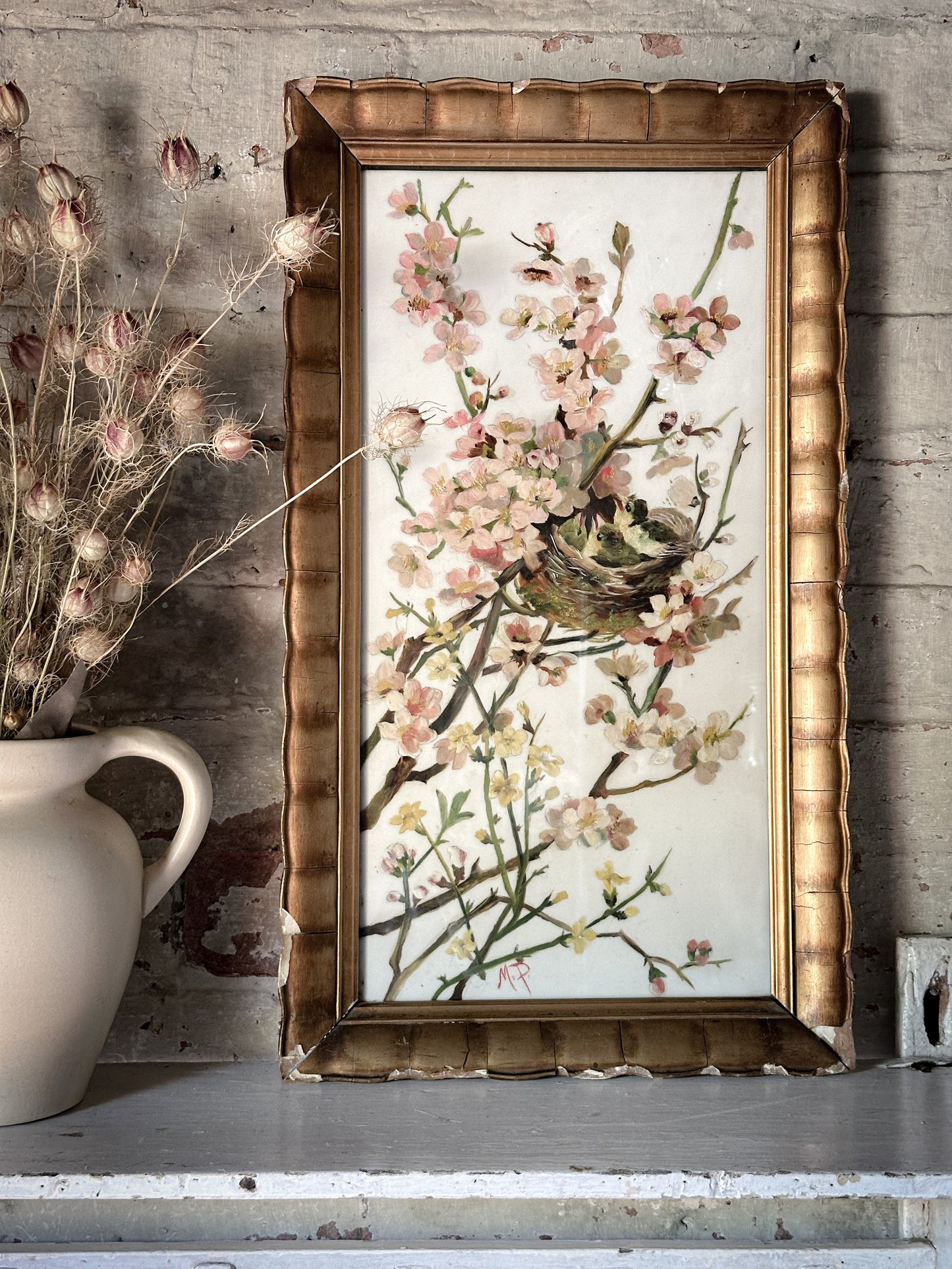 A Stunning Victorian Milk Glass Painting of A Bird’s Nest and Spring Blossoms