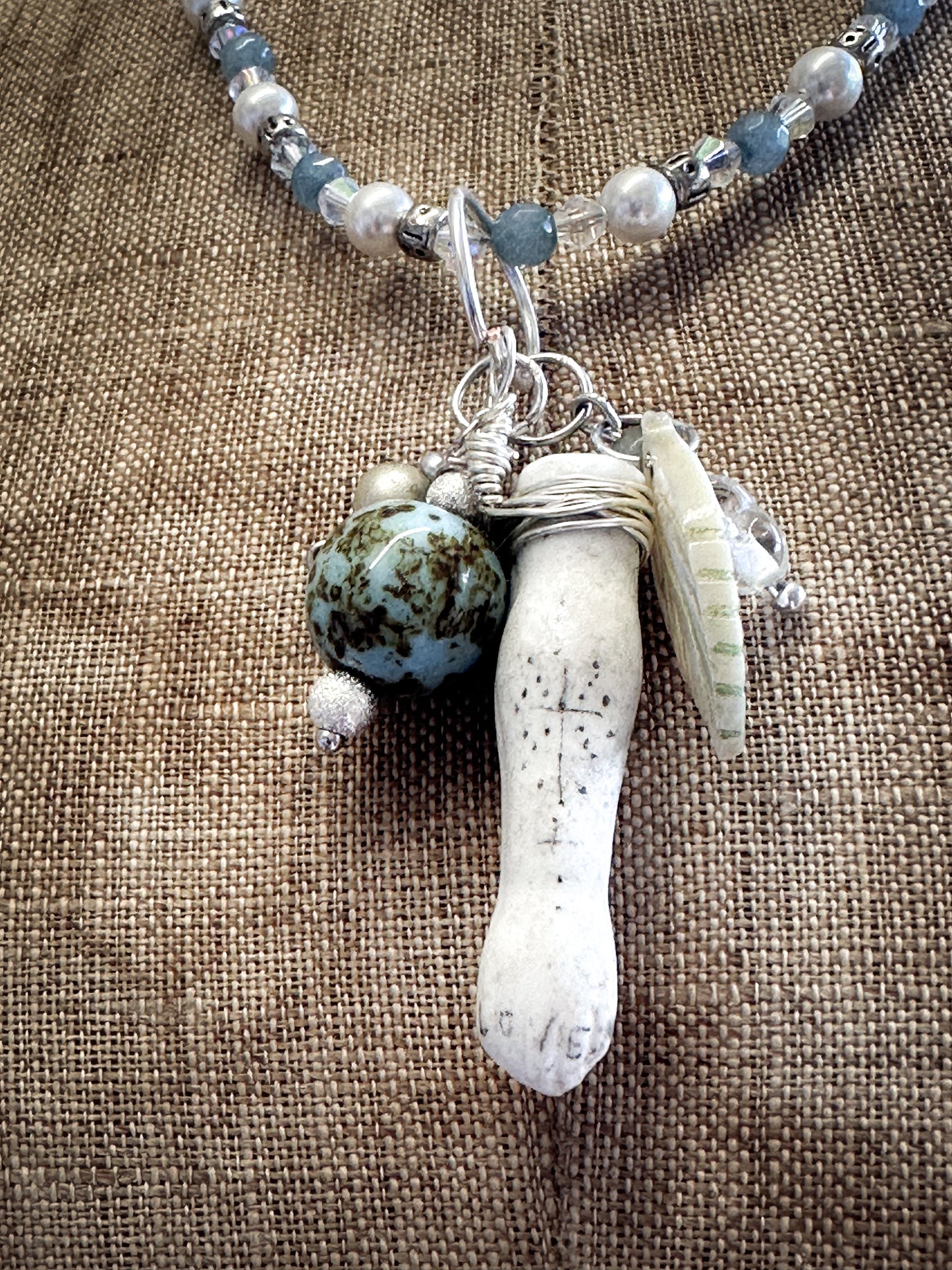 Found Object Vintage Beaded Necklace with Antique Brass Crown by Jealous Moon Jewellery