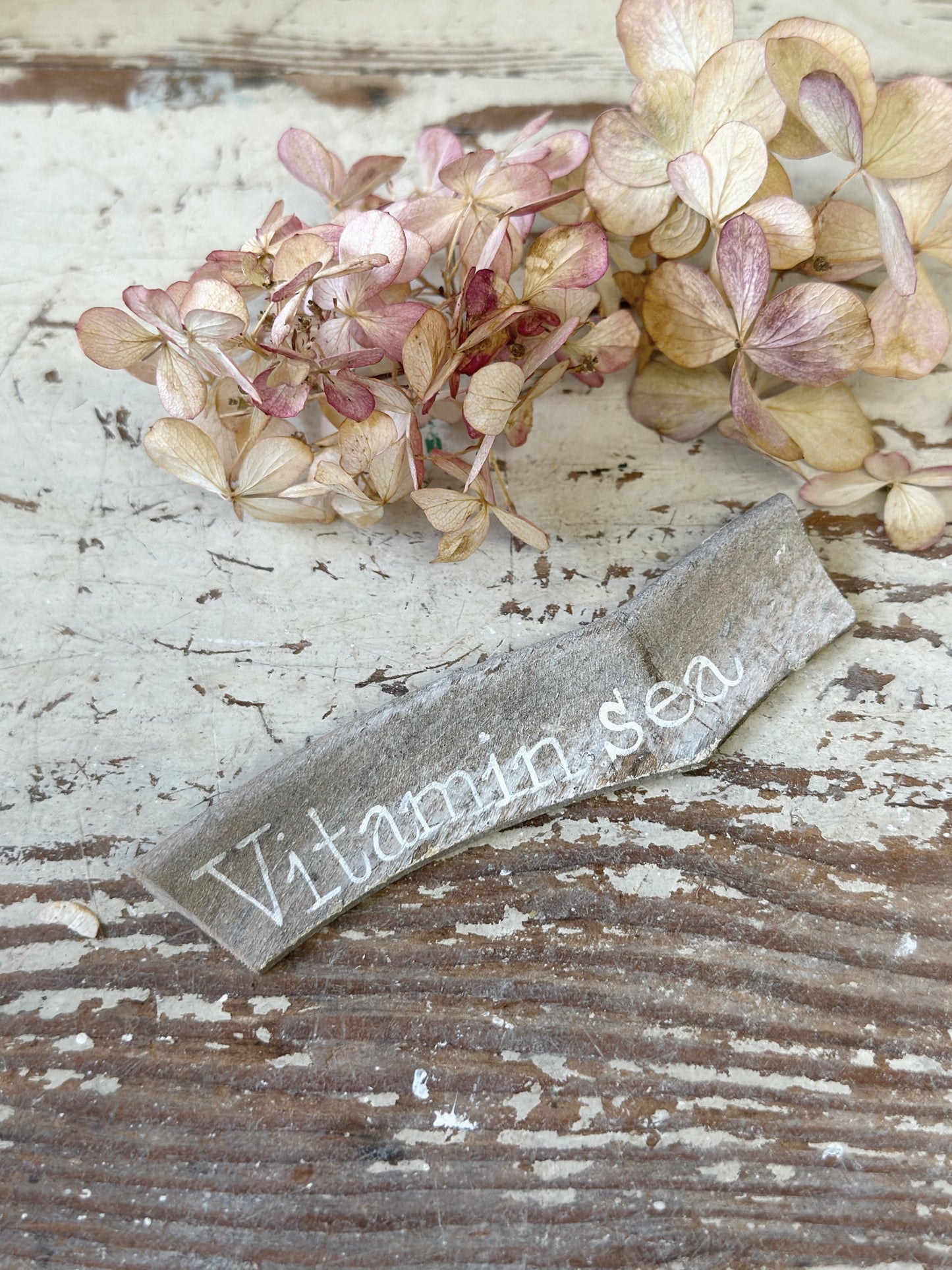 A driftwood fragment with a hand painted quote