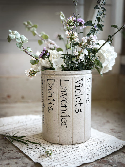 A Victorian Stoneware Preserve jar with hand painted botanical names pot