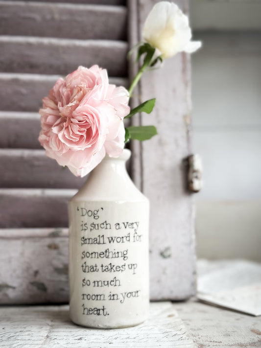 A Victorian unearthed stoneware pottery bottle with a hand painted quote