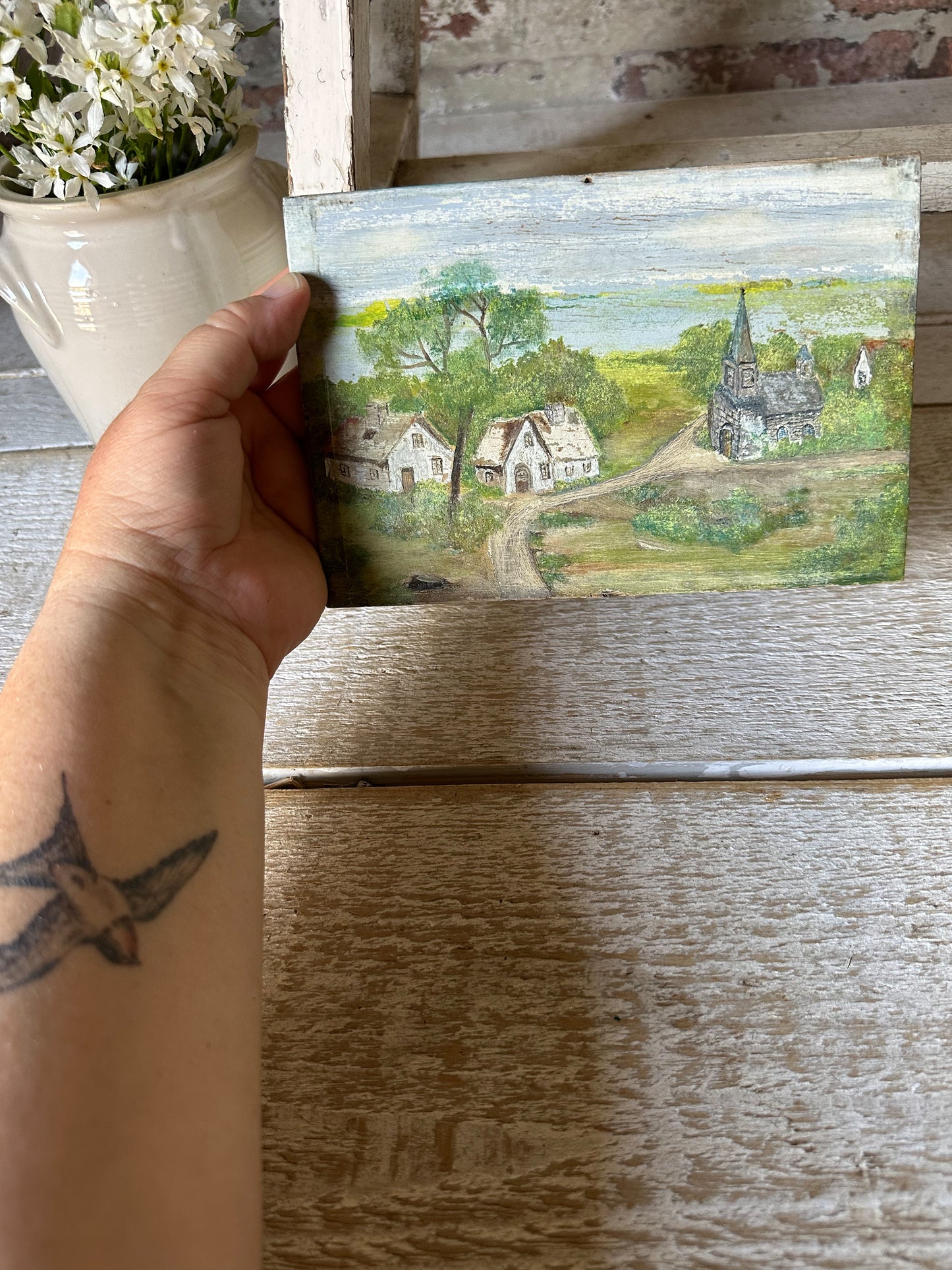 Antique French Naive Oil Painting on Wooden Panel