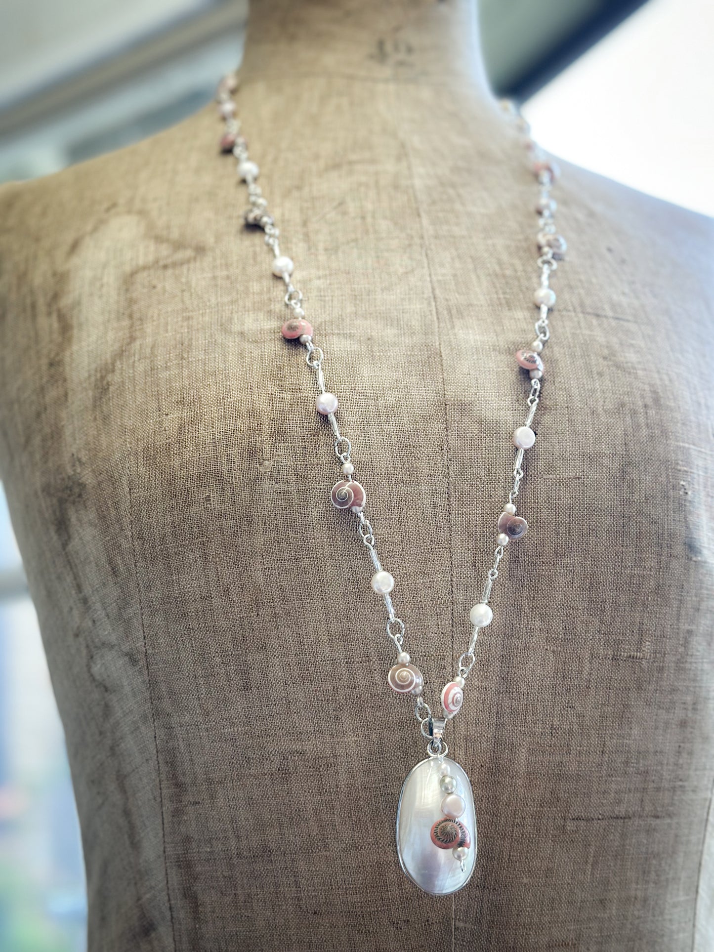 Beautiful Found Object Beaded Shell and Pearl Necklace with a Shell Pendant by Jealous Moon Jewellery