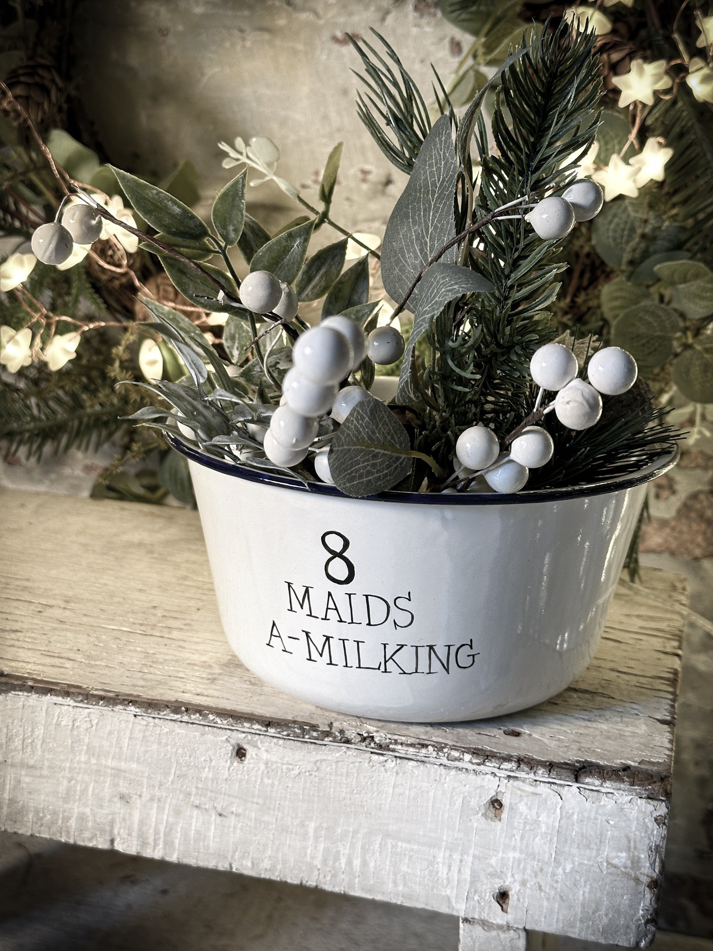 A beautiful vintage enamel pudding bowl with a hand painted quote from the Twelve days of Christmas