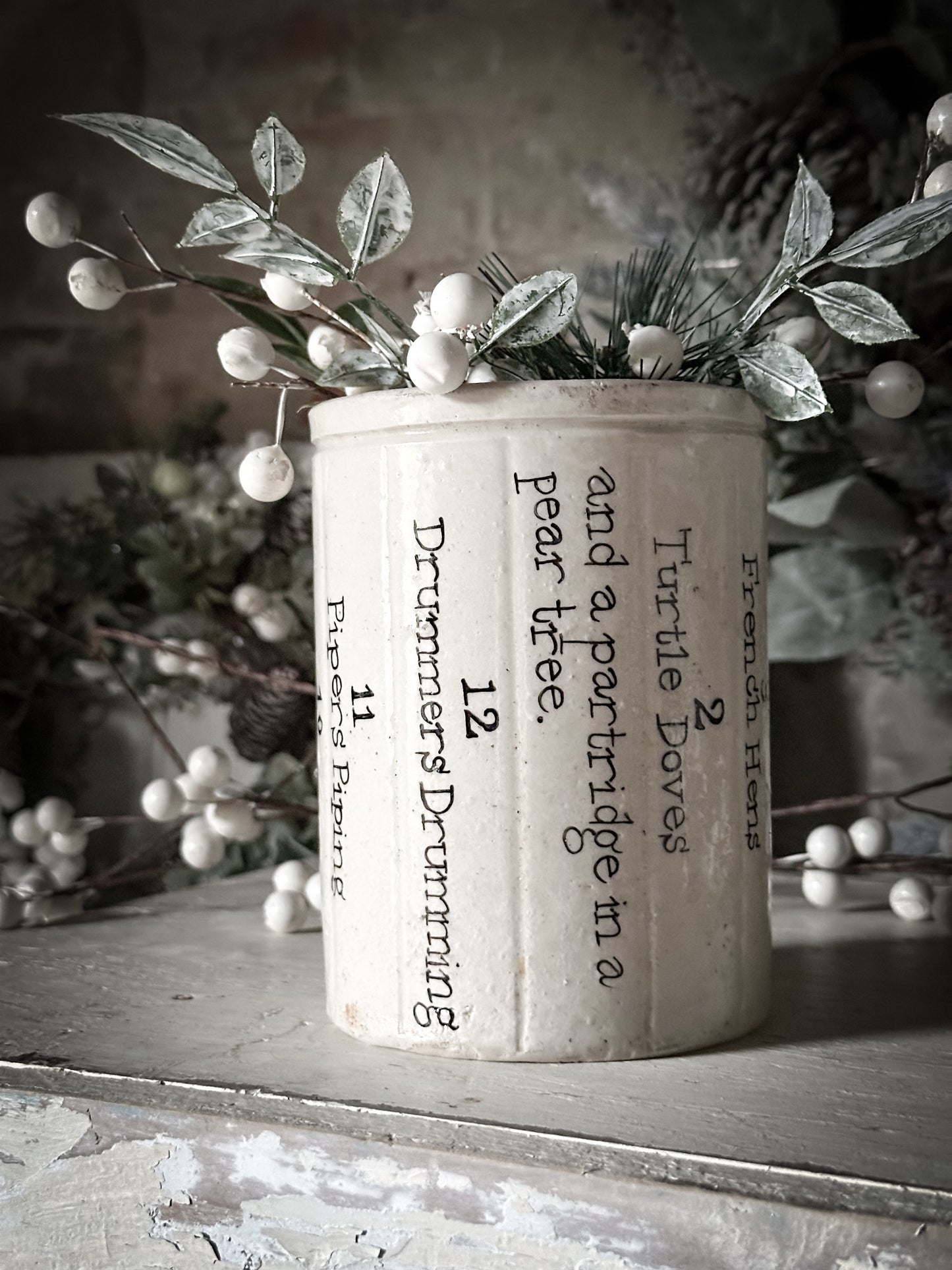 A tall Victorian unearthed stoneware pottery preserve jar with a hand painted quote
