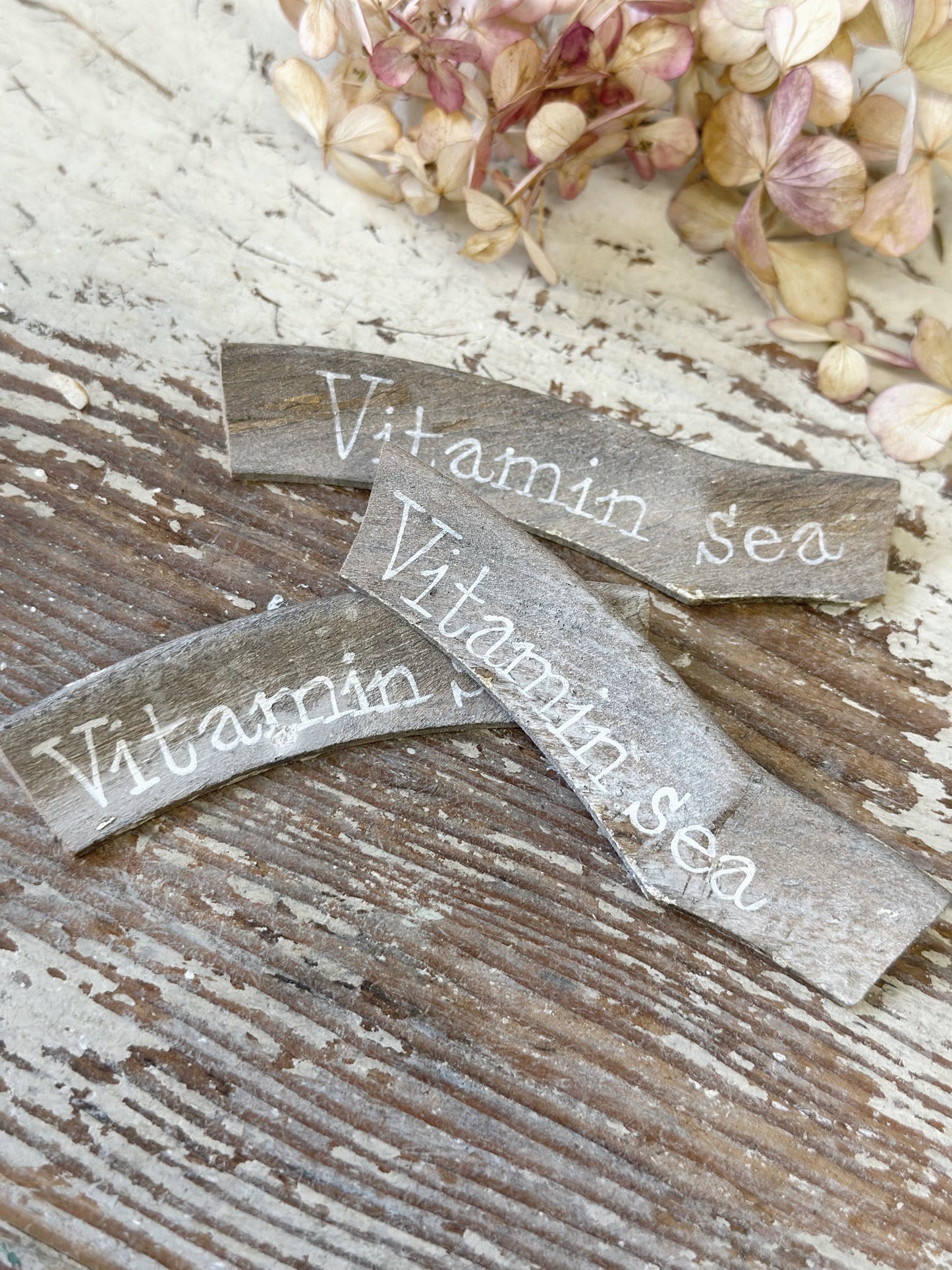 A driftwood fragment with a hand painted quote