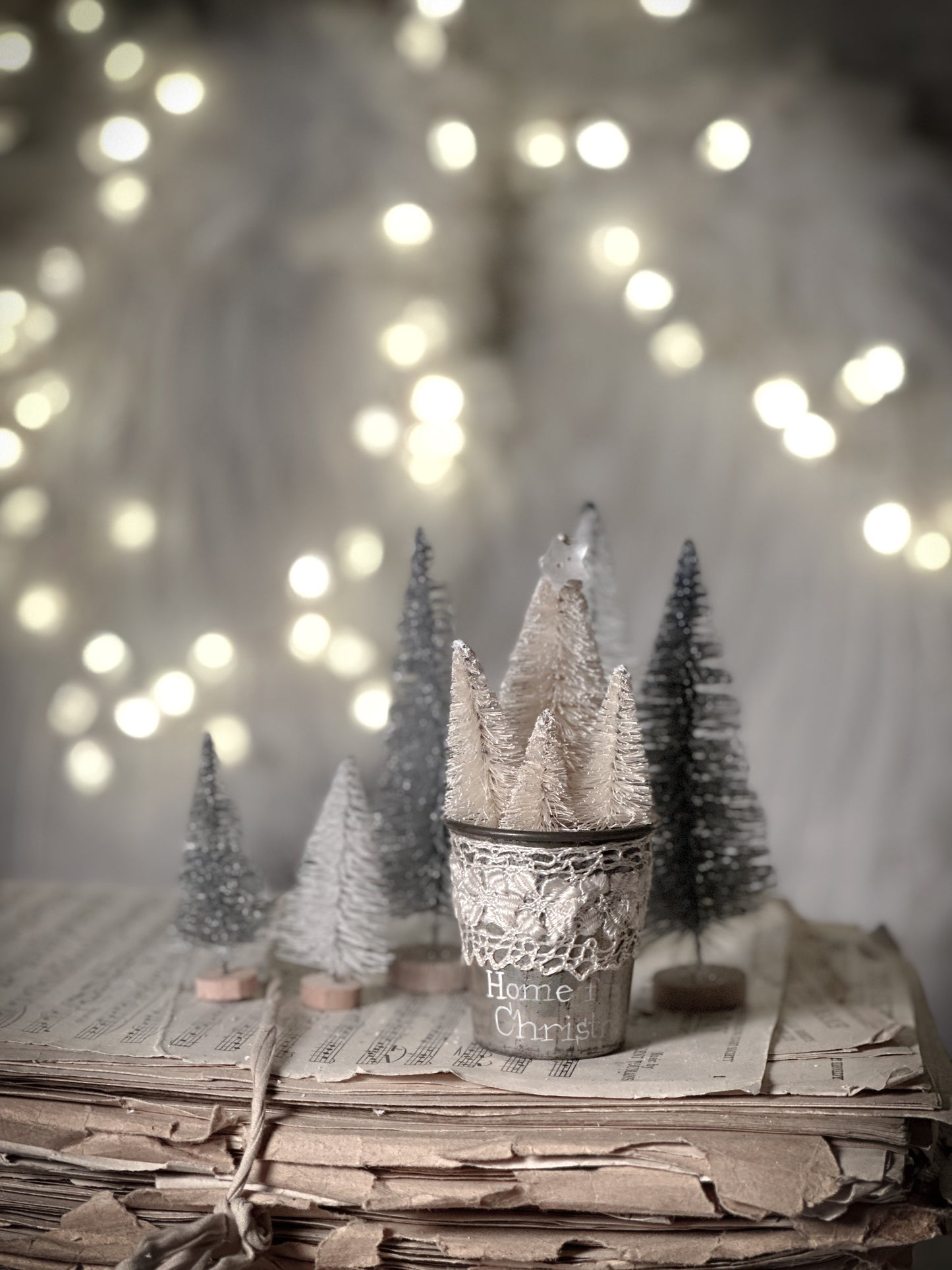 A hand painted vintage Dariole tin with lace trimming and a Christmas quote