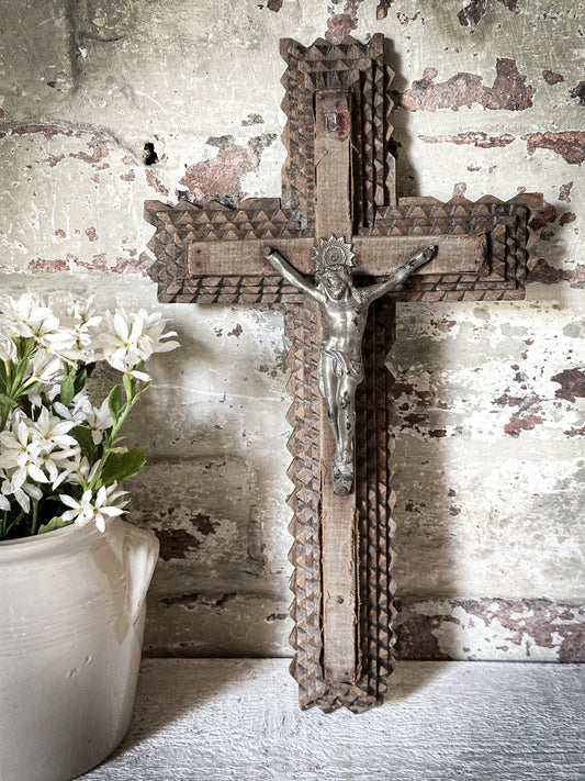 Antique French Tramp Art Crucifix