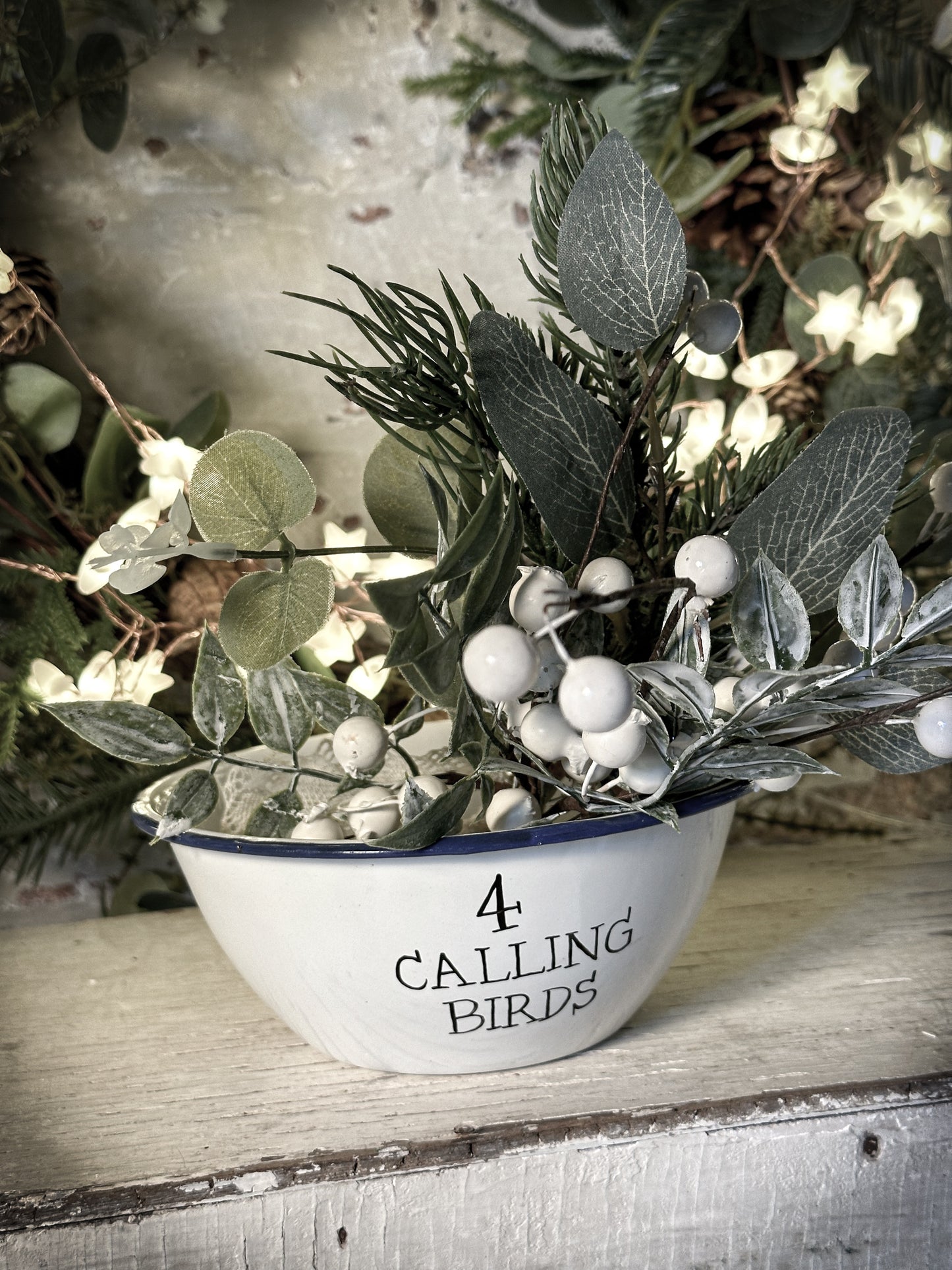 A beautiful vintage enamel pudding bowl with a hand painted quote from the Twelve days of Christmas