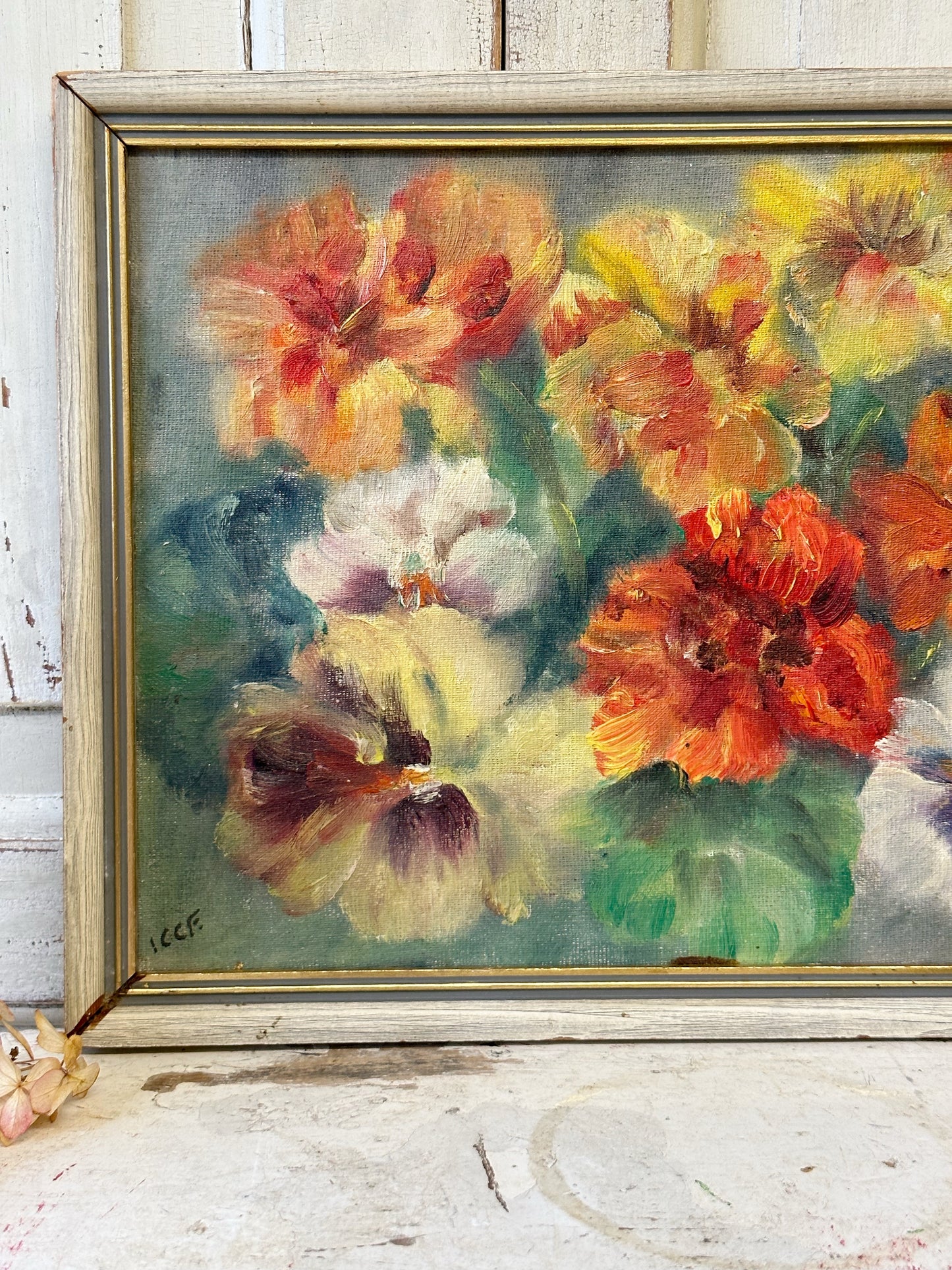 Vintage Still Life Flowers Pansies Oil On Board Signed ICCF