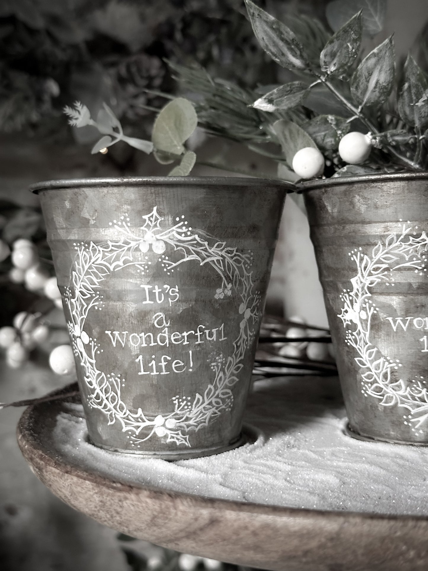 A vintage style mini zinc tub hand painted with a Christmas wreath and Quote