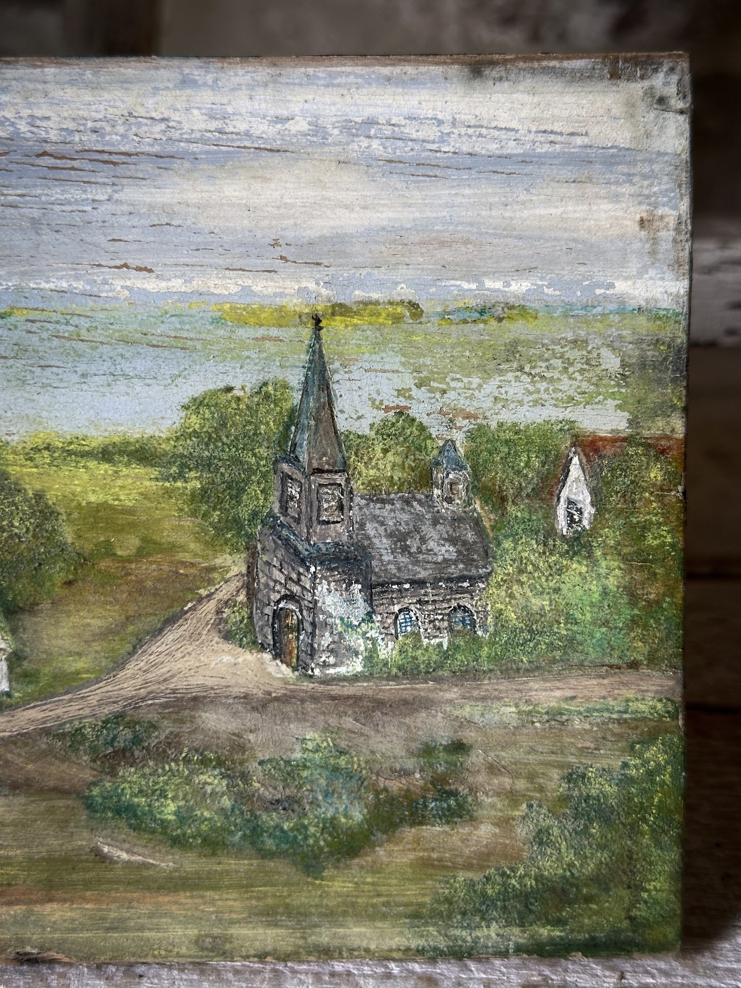 Antique French Naive Oil Painting on Wooden Panel