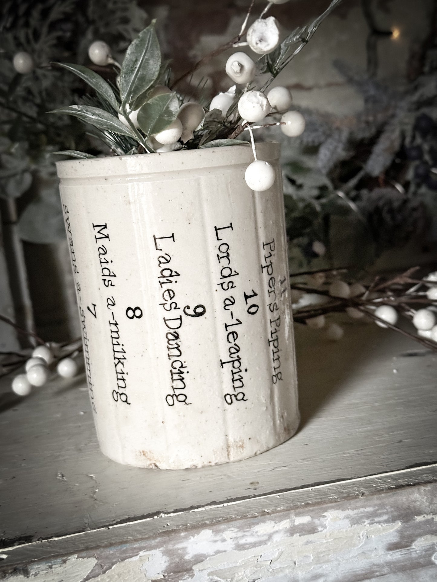 A tall Victorian unearthed stoneware pottery preserve jar with a hand painted quote