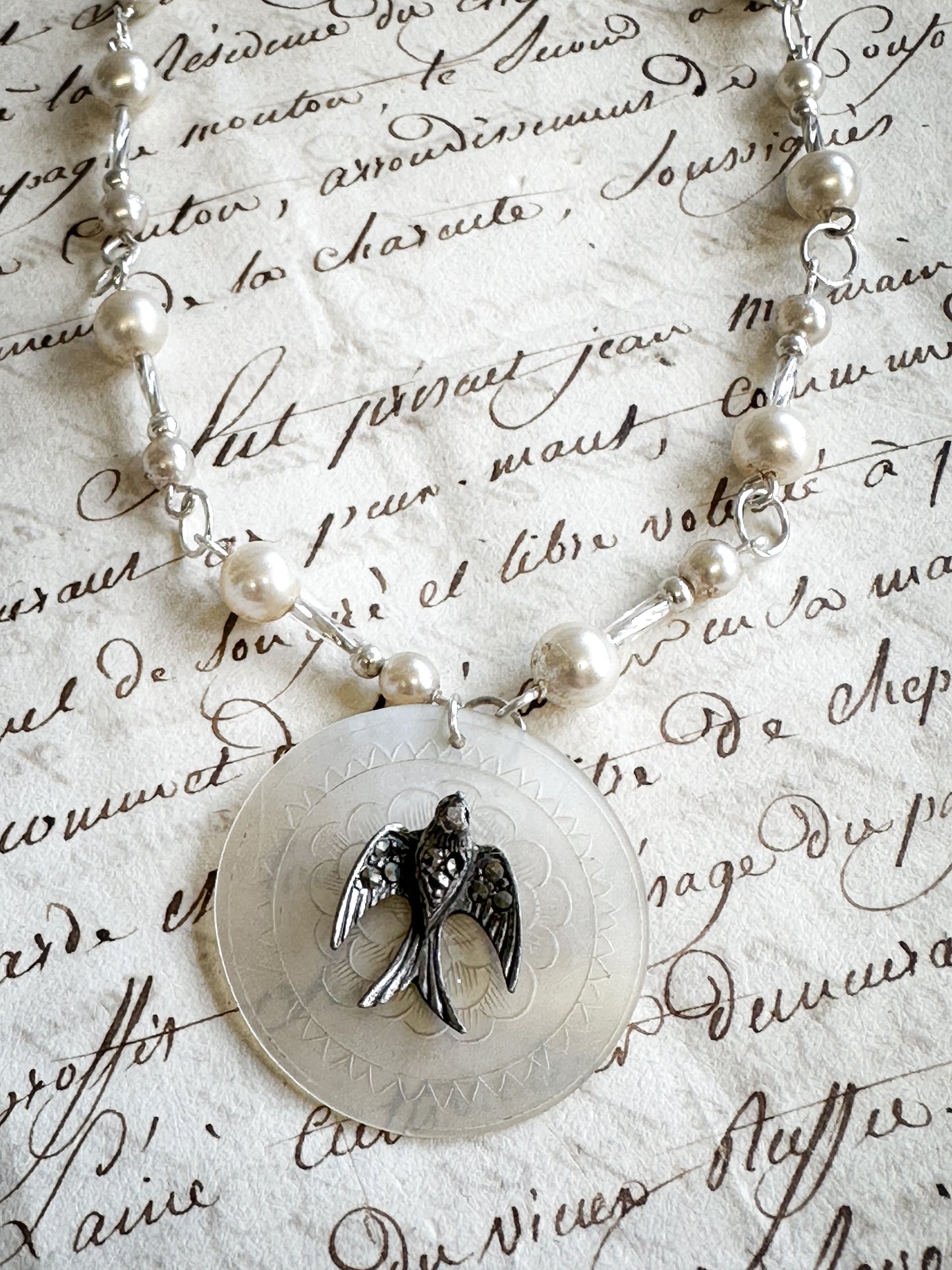 Found Object Mother of Pearl Swallow Necklace by Jealous Moon Jewellery