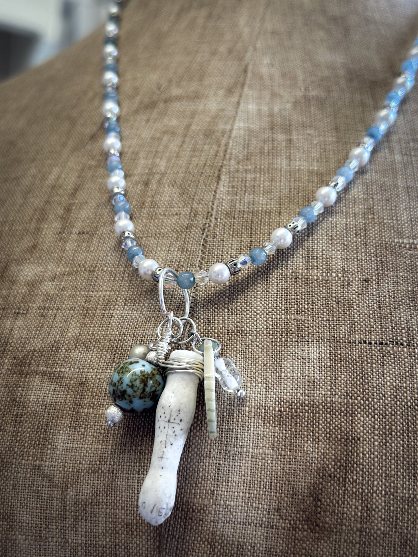 Found Object Vintage Beaded Necklace with Antique Brass Crown by Jealous Moon Jewellery