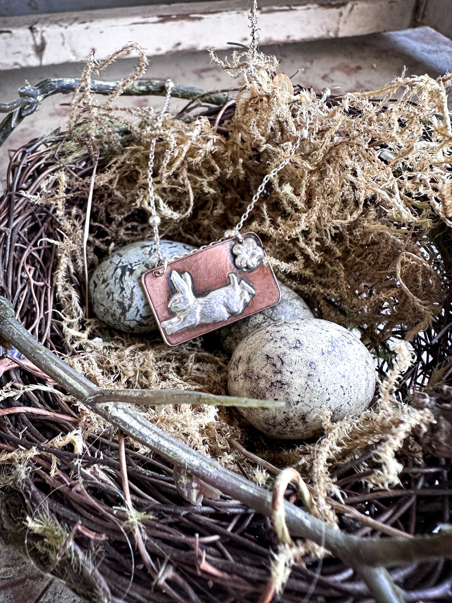 Meadow Rabbit Pendant – Silver & Etched Copper Necklace