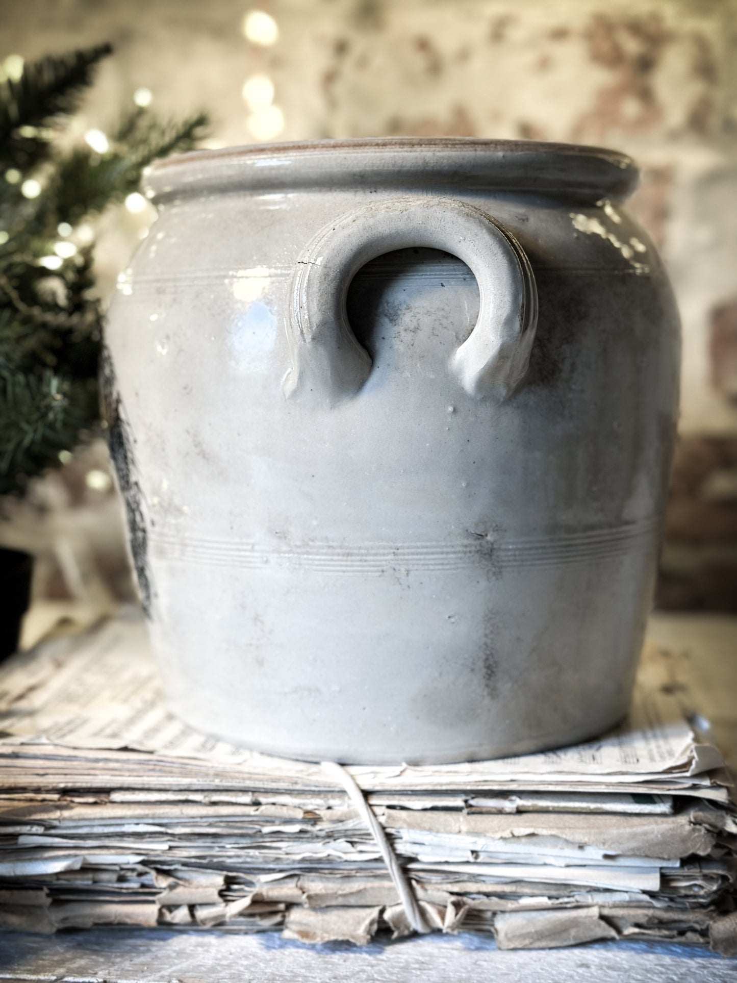 A lovely antique French stoneware confit pot with a hand painted Christmas quote