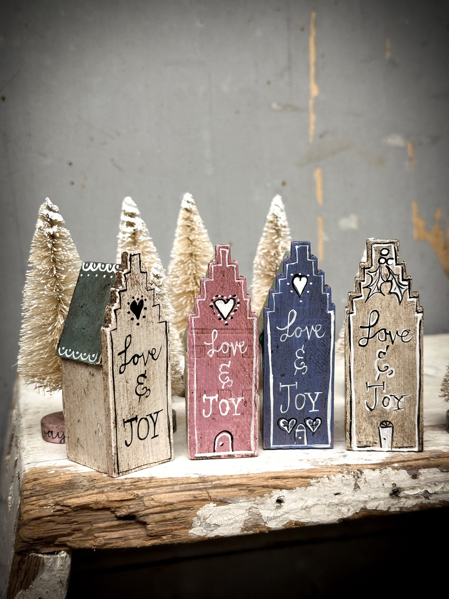 A Large Vintage German Erzgebirge Putz Wooden Village House “Love & Joy”