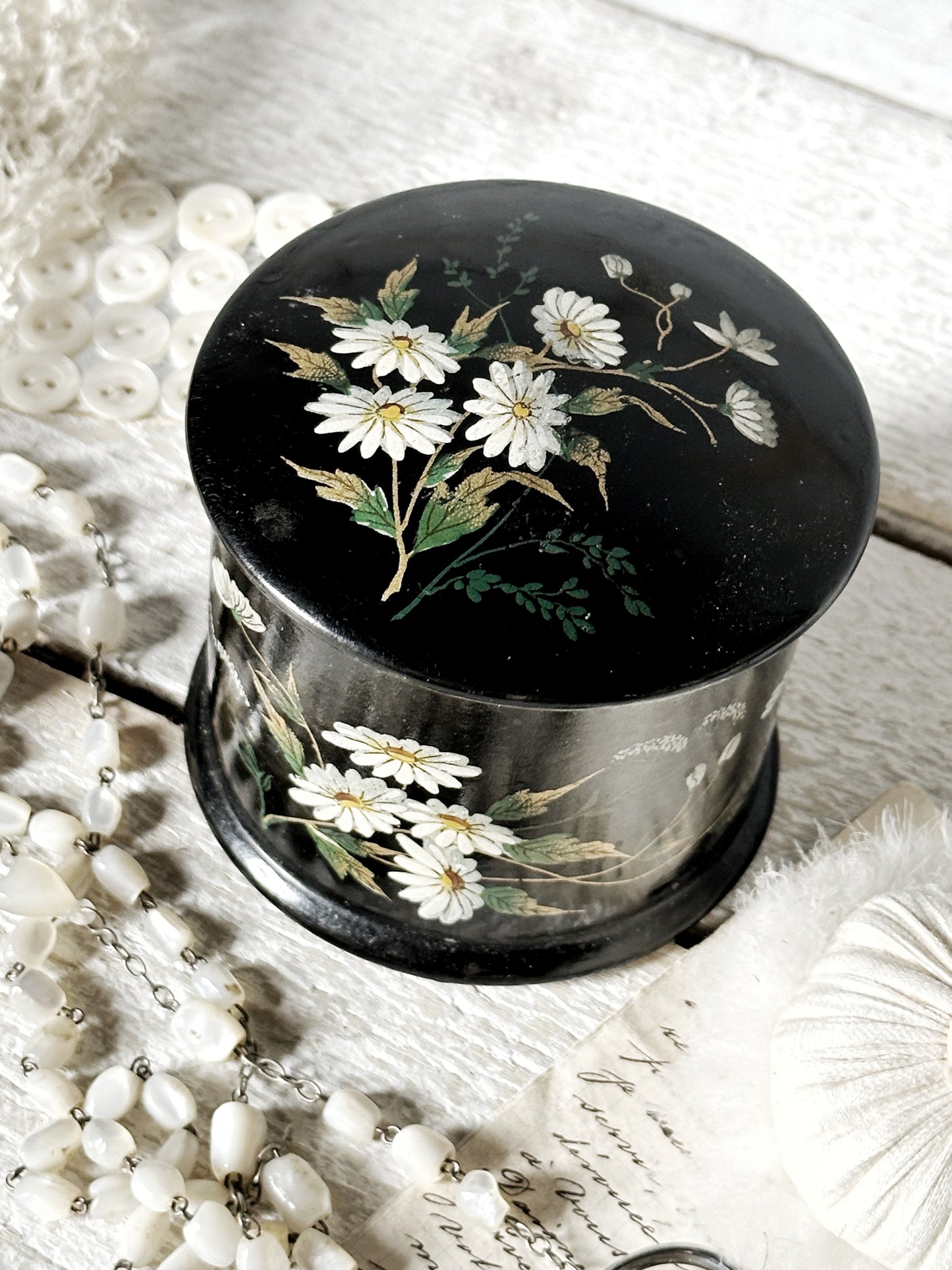 Antique Papier Mache Lacquer Black Handpainted Floral Powder Box Puff Vanity Pot