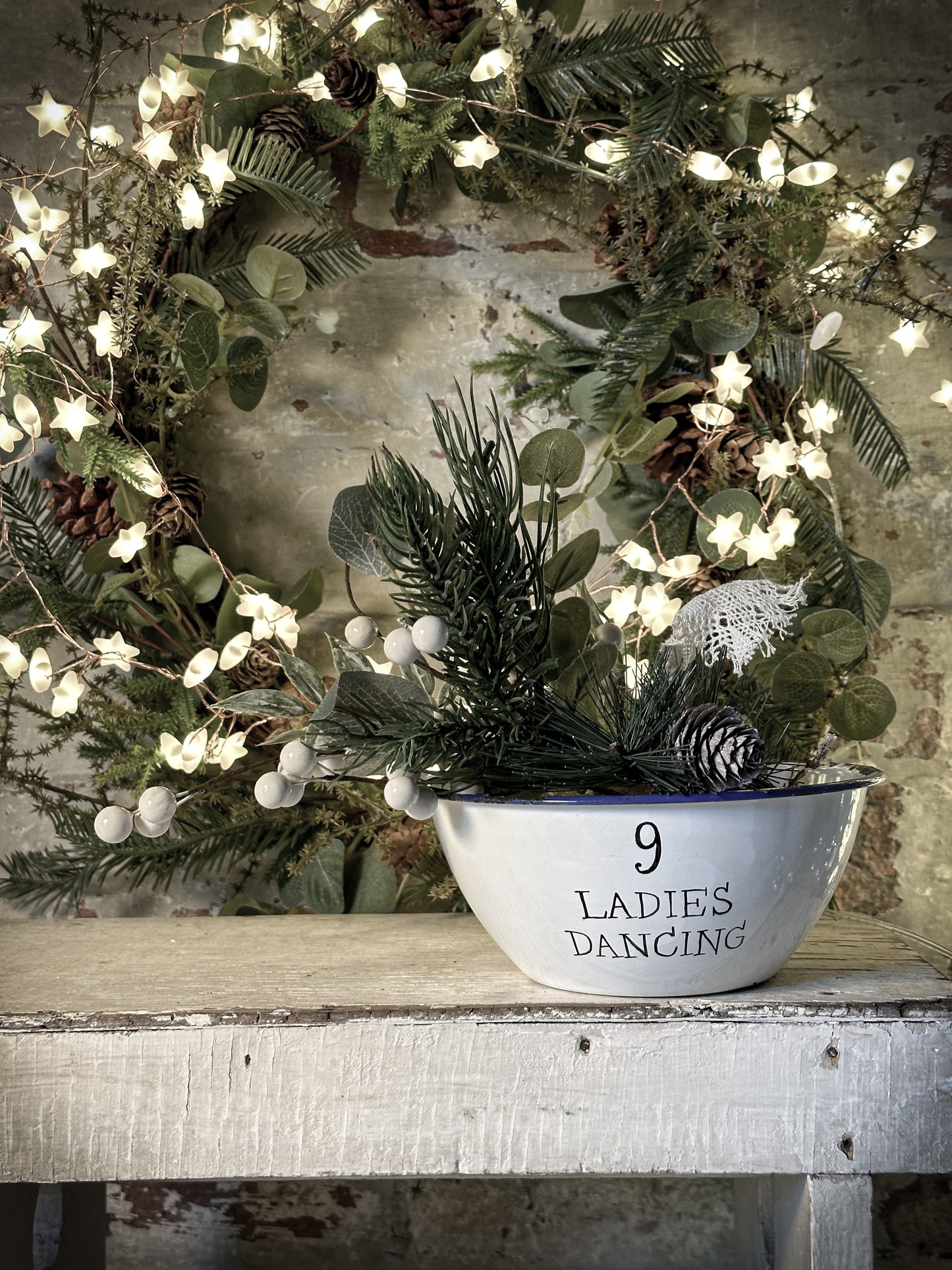 A beautiful vintage enamel pudding bowl with a hand painted quote from the Twelve days of Christmas