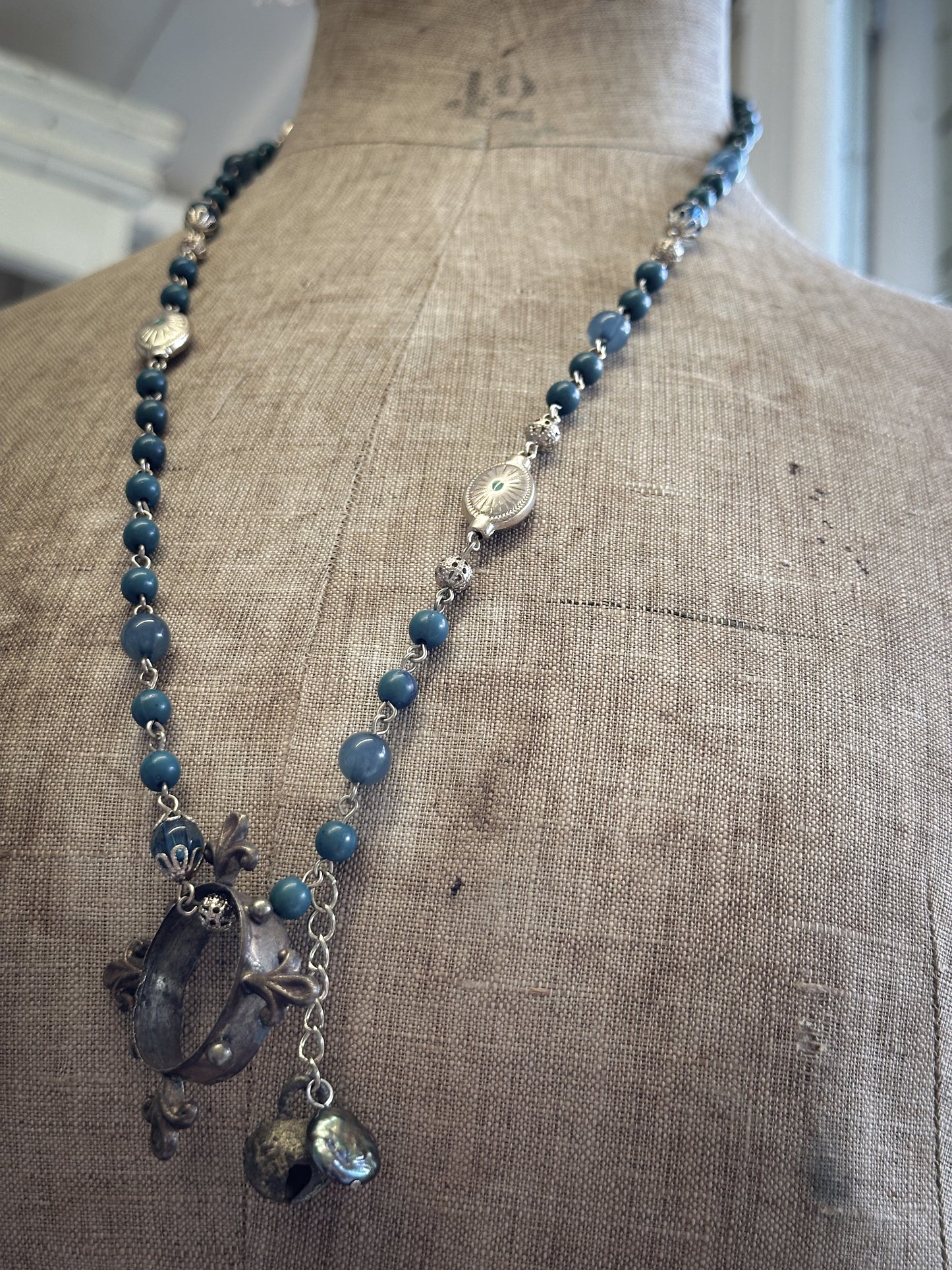 Found Object Vintage Beaded Necklace with Antique Brass Crown by Jealous Moon Jewellery
