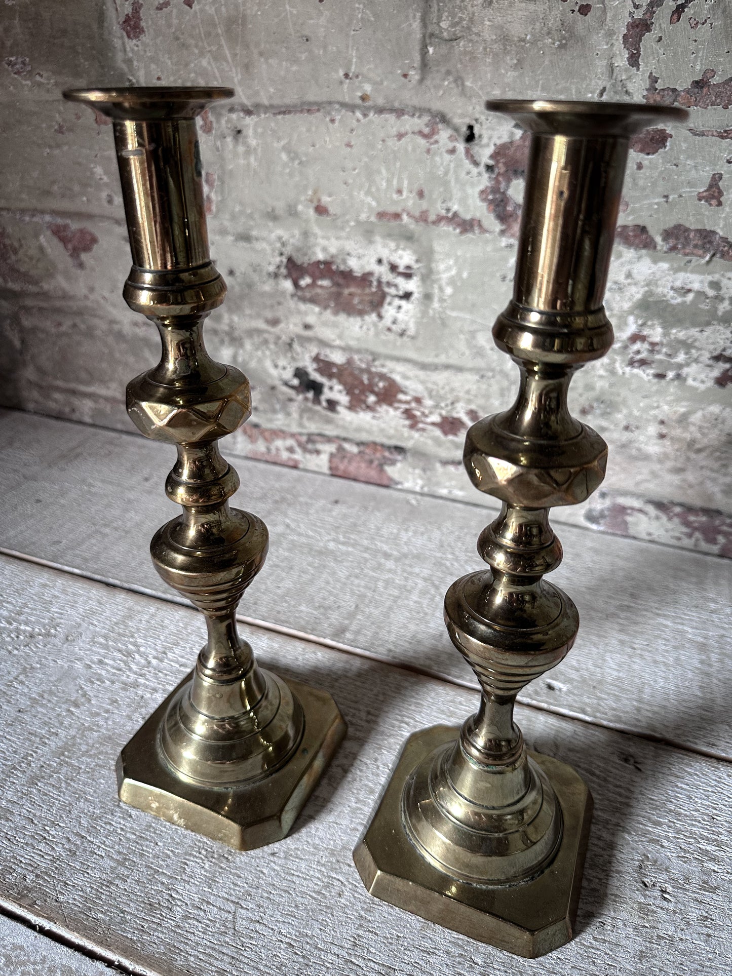 Pair of Antique Brass Push-Up Candlesticks | Victorian Edwardian Ejector Candlesticks | 30cm Tall