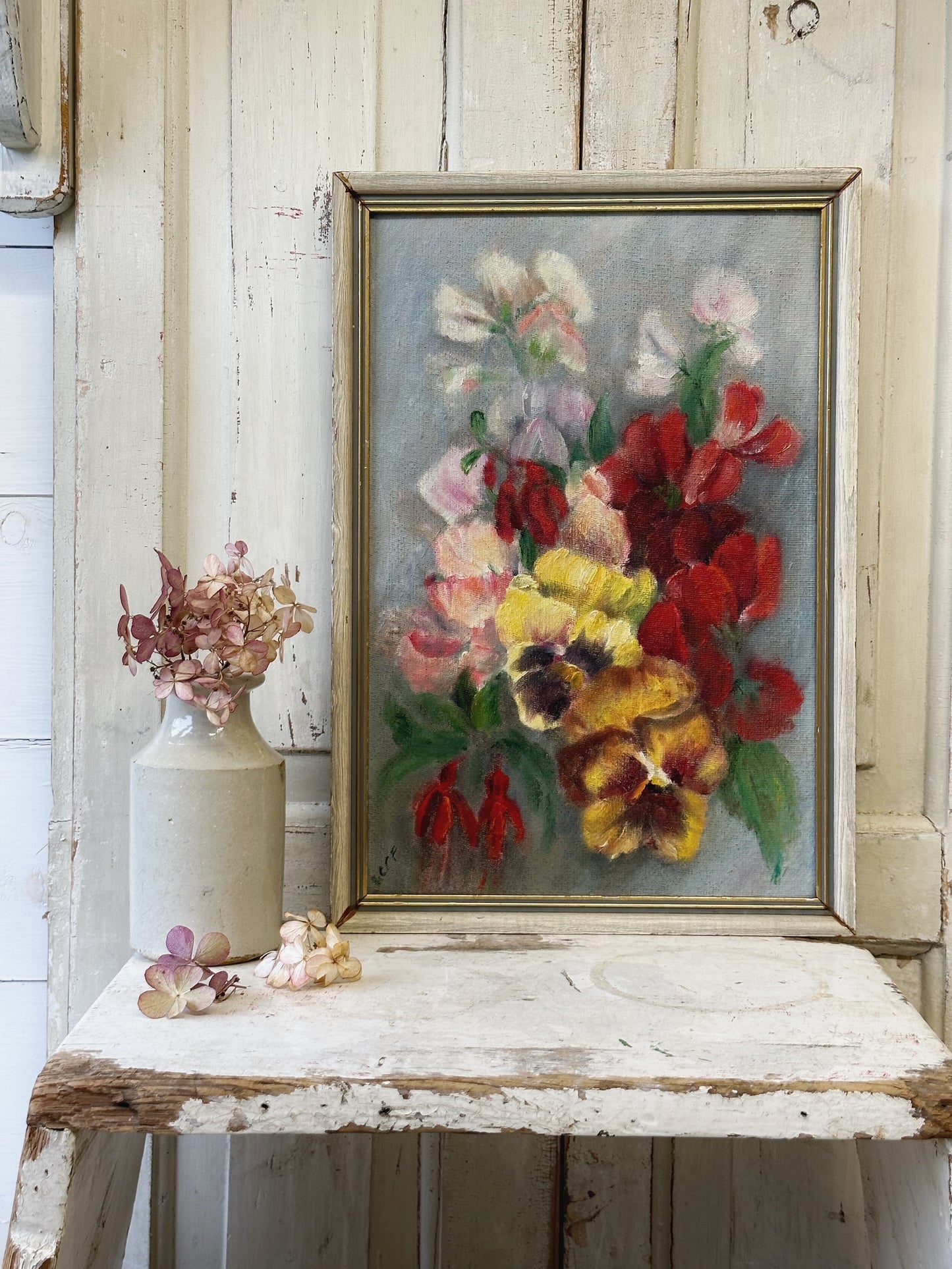 Vintage Still Life Flowers Pansies Oil On Board Signed ICCF