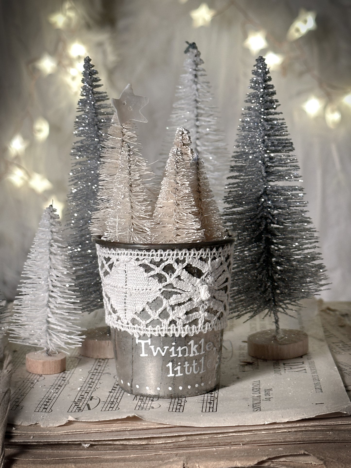 A hand painted vintage Dariole tin with lace trimming and a Christmas quote