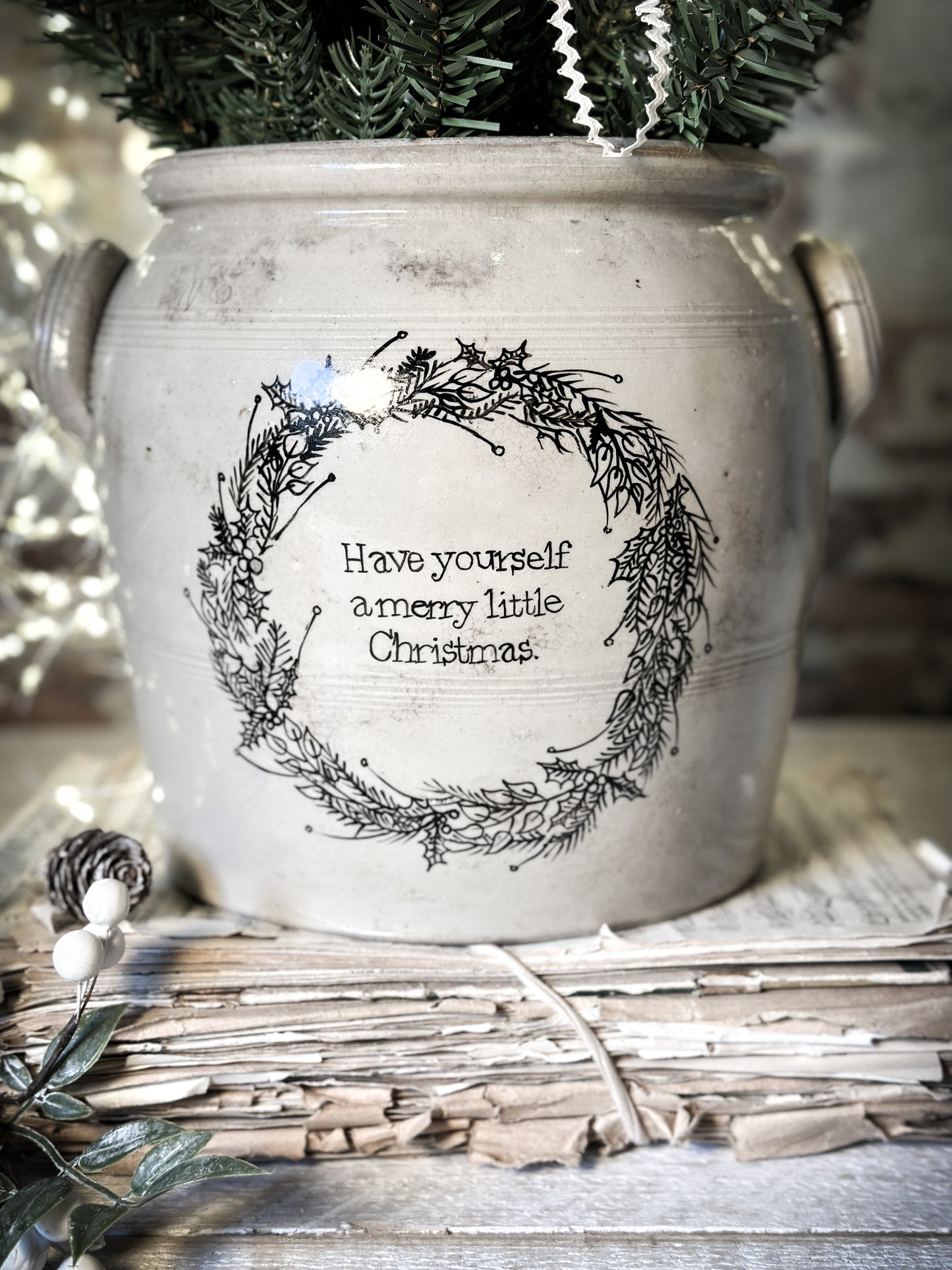 A lovely antique French stoneware confit pot with a hand painted Christmas quote