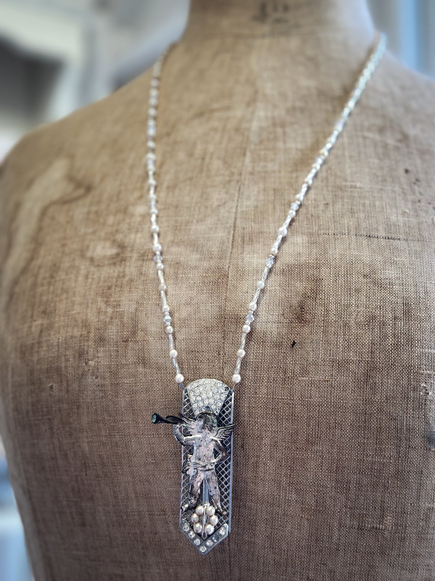 Found Object Art Deco Dress Clip with Cherub Necklace by Jealous Moon Jewellery