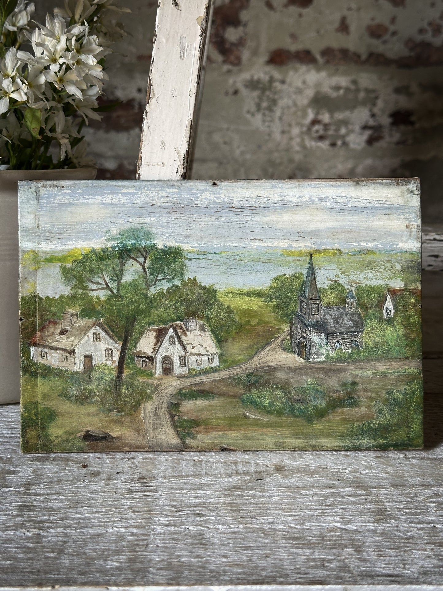 Antique French Naive Oil Painting on Wooden Panel