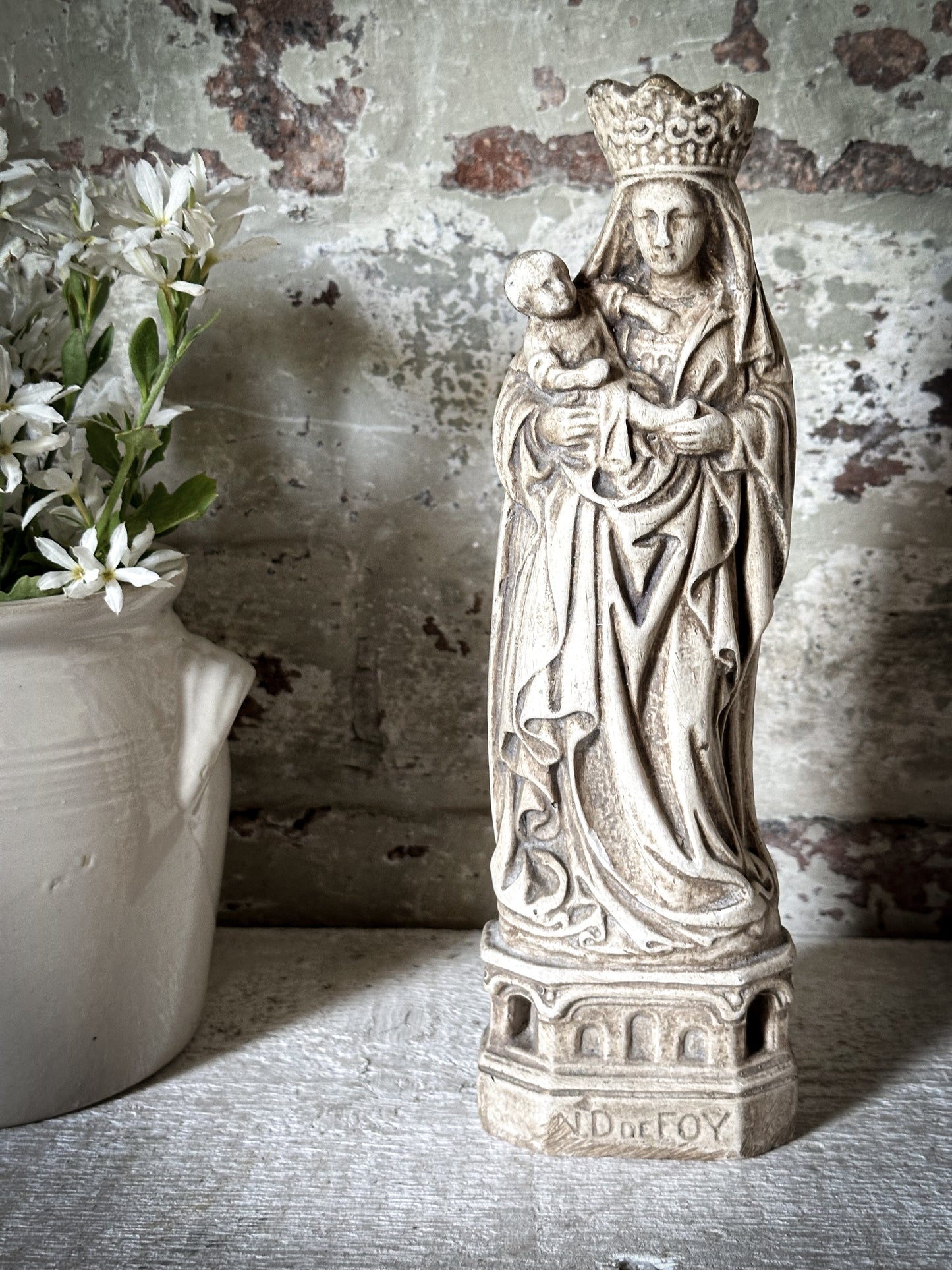 An Antique French Chalk Ware Religious Statue of the Madonna and Child