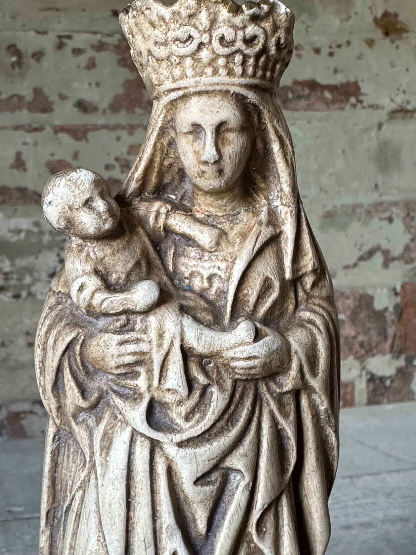 An Antique French Chalk Ware Religious Statue of the Madonna and Child