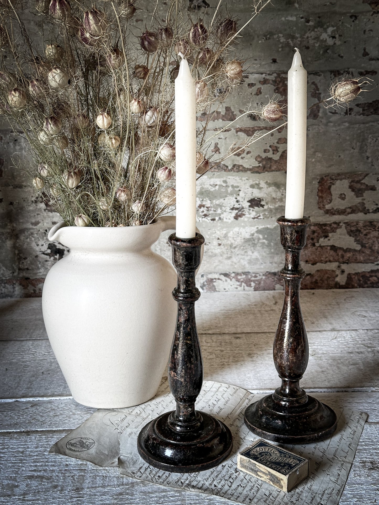 A Pair of Antique Hand Turned Ebonised Candlestick Holders