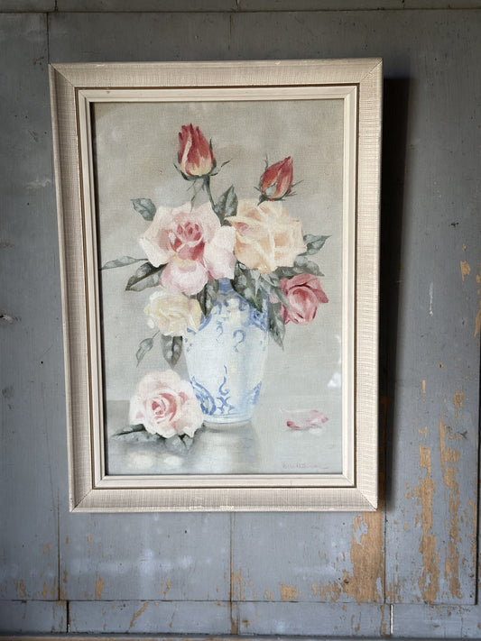 A beautiful mid century oil on canvas framed rose painting in lovely pastels