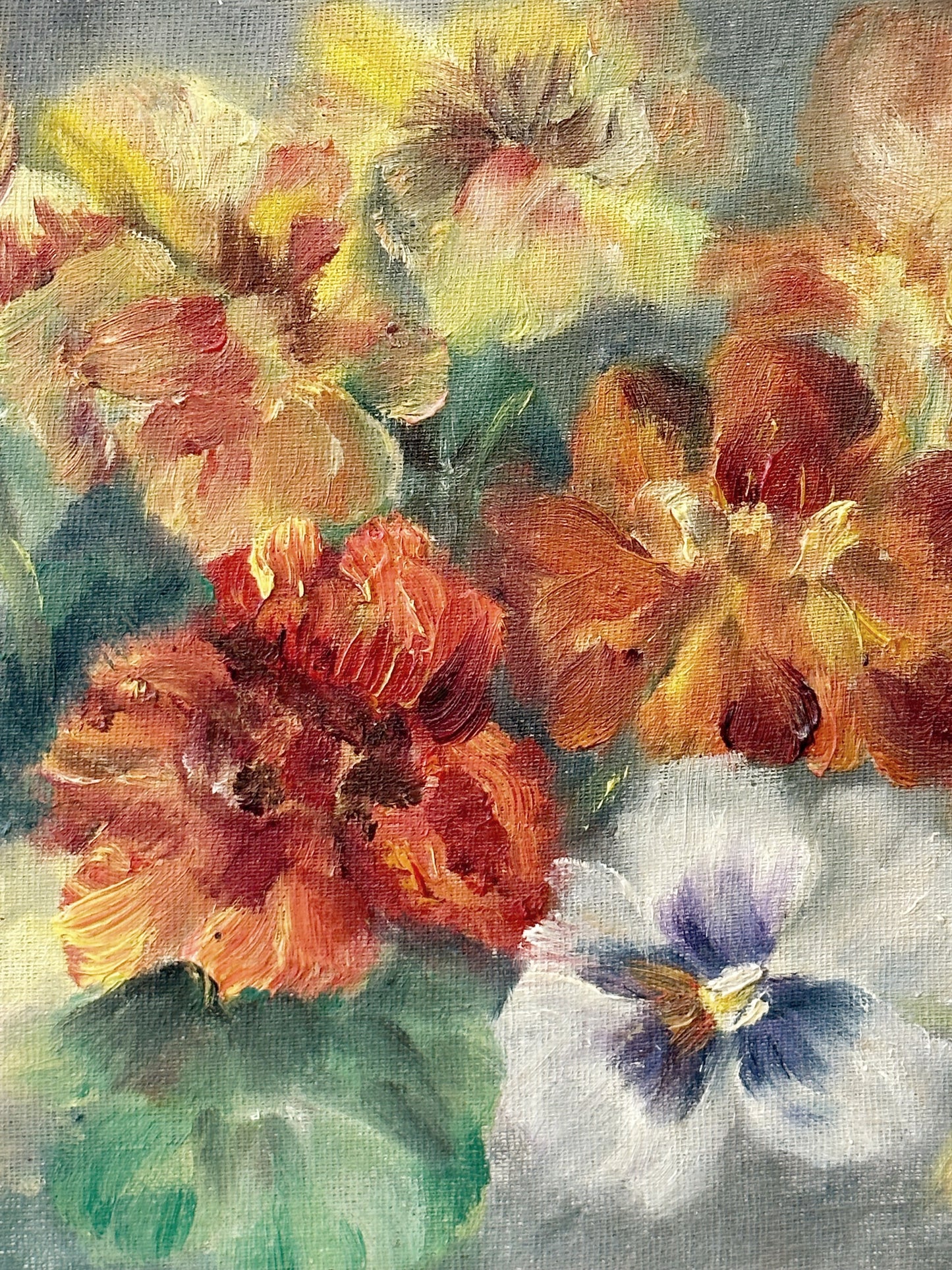 Vintage Still Life Flowers Pansies Oil On Board Signed ICCF