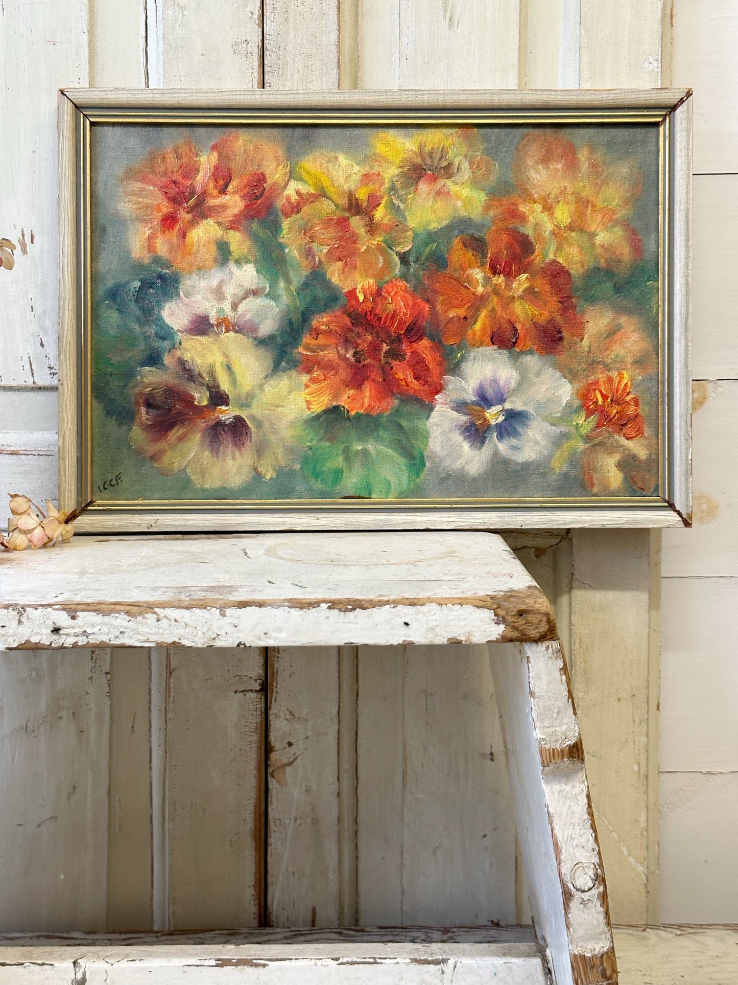 Vintage Still Life Flowers Pansies Oil On Board Signed ICCF