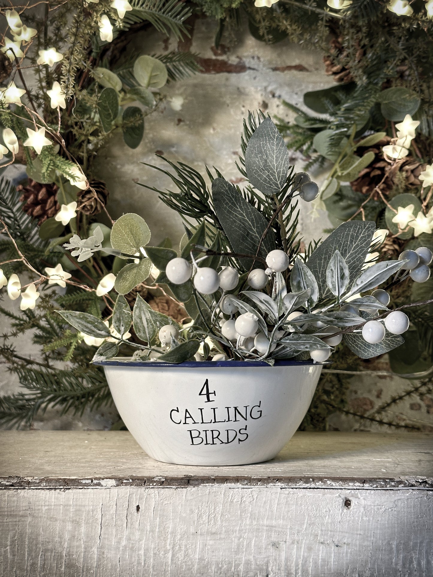 A beautiful vintage enamel pudding bowl with a hand painted quote from the Twelve days of Christmas