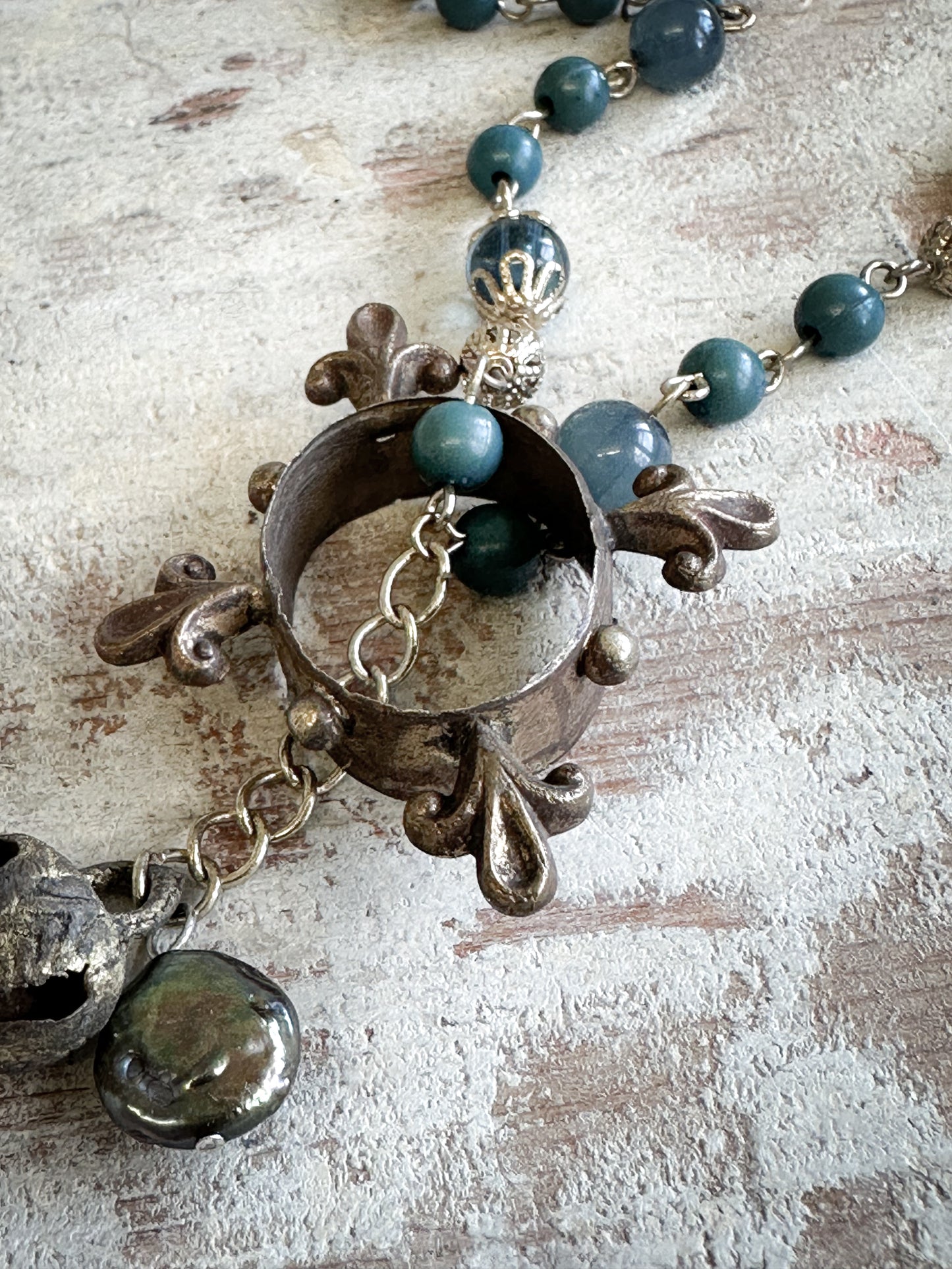 Found Object Vintage Beaded Necklace with Antique Brass Crown by Jealous Moon Jewellery