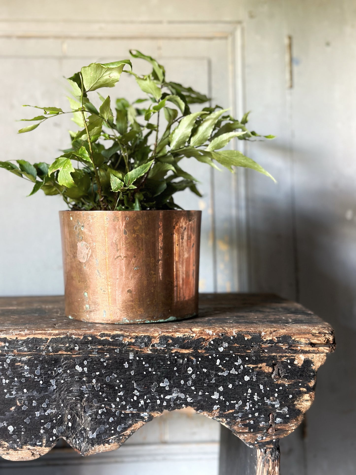 Antique copper soufflé pot